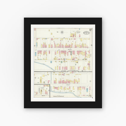 Old map wall art mockup — black gallery frame with white mat — Sanborn Fire Insurance Map from Madison, Jefferson County, Indiana (1897), Sheet #0017