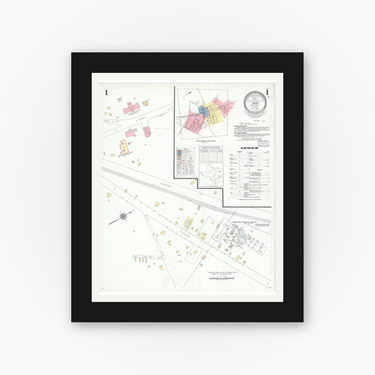 Old map wall art mockup — black gallery frame with white mat — Sanborn Fire Insurance Map from Arp, Smith County, Texas (1939) - Complete Map Set