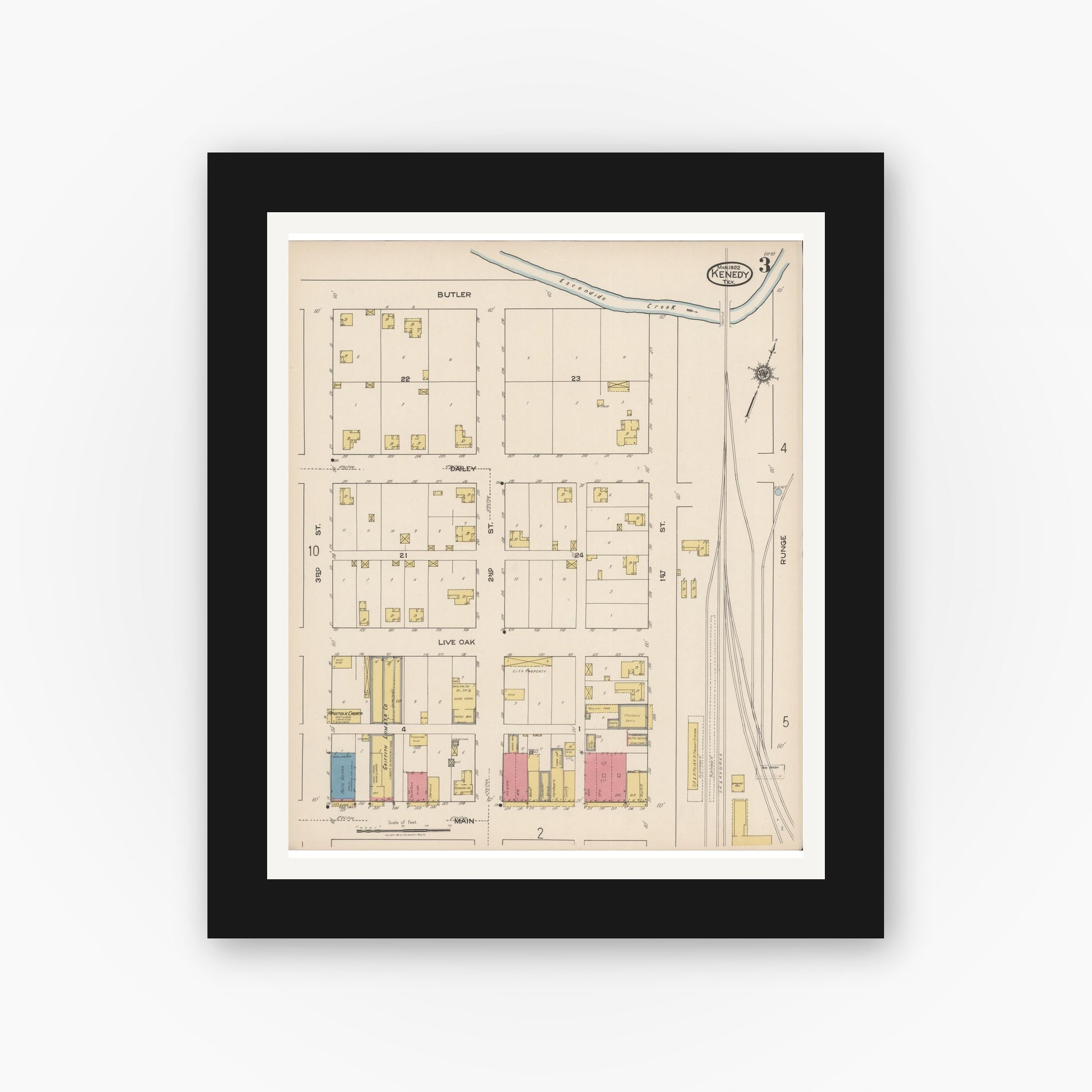 Old map wall art mockup — black gallery frame with white mat — Sanborn Fire Insurance Map from Kenedy, Karnes County, Texas (1922), Sheet #0003