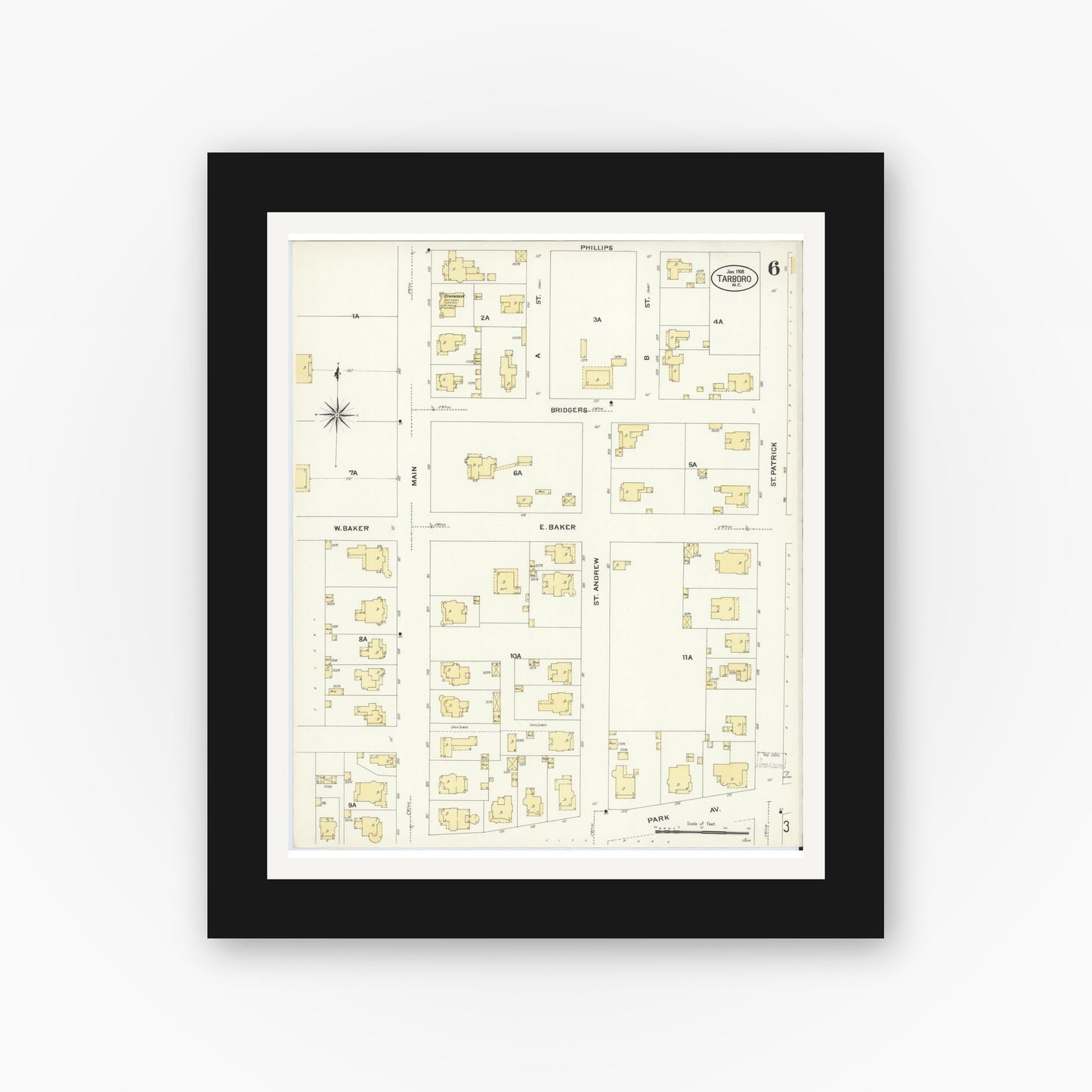 Old map wall art mockup — black gallery frame with white mat — Sanborn Fire Insurance Map from Tarboro, Edgecombe County, North Carolina (1908), Sheet #0006