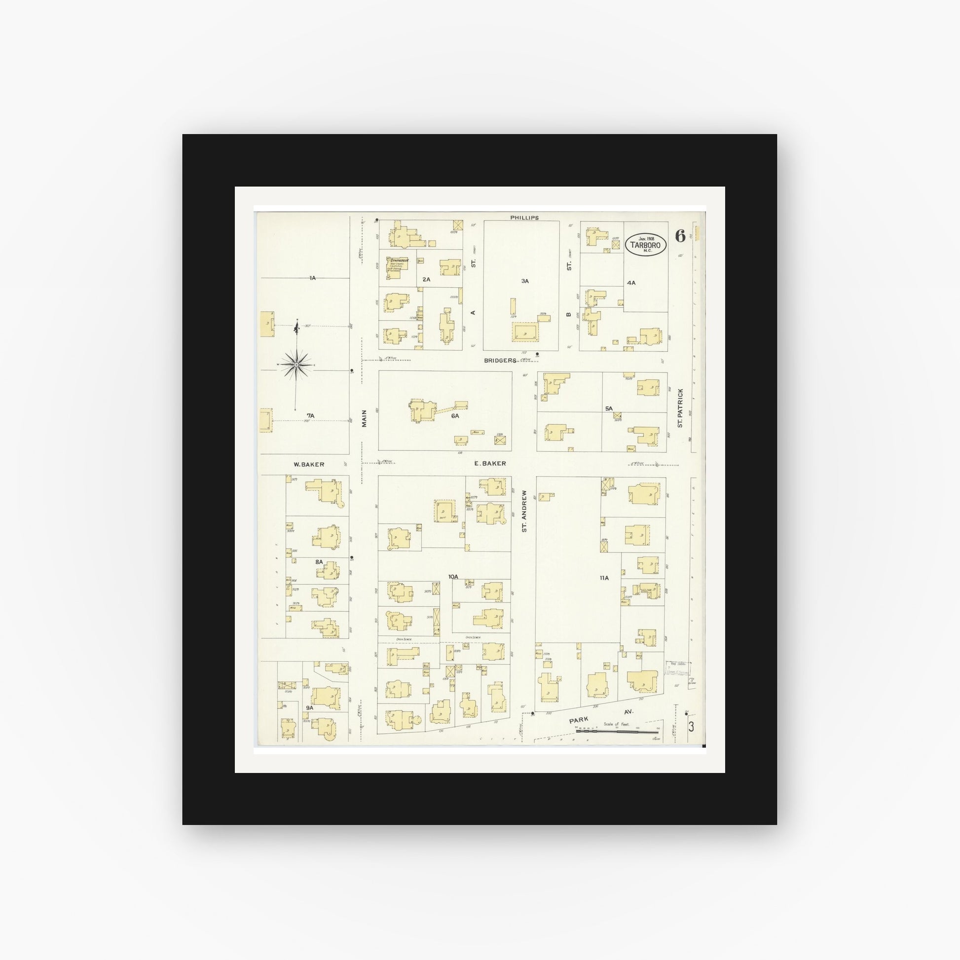 Old map wall art mockup — black gallery frame with white mat — Sanborn Fire Insurance Map from Tarboro, Edgecombe County, North Carolina (1908), Sheet #0006