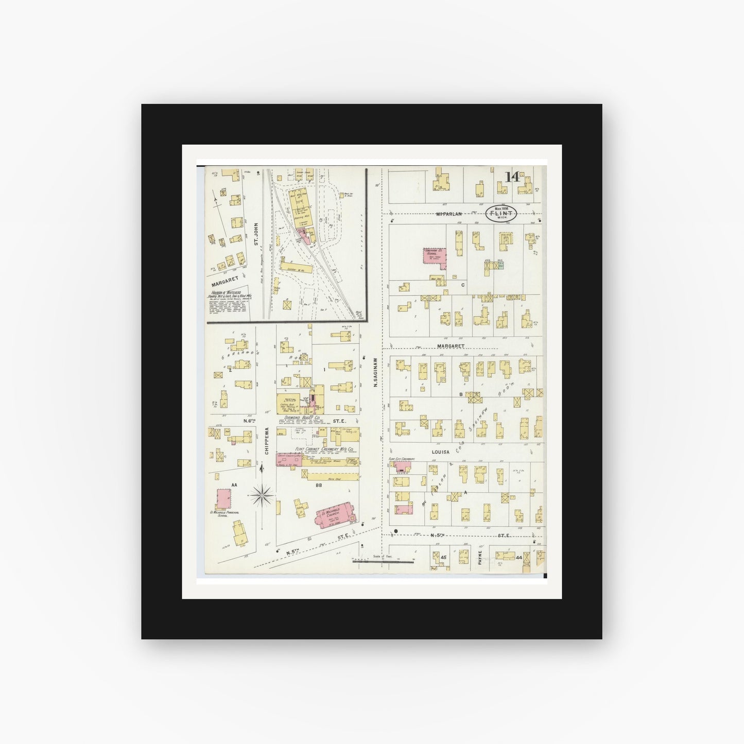 Old map wall art mockup — black gallery frame with white mat — Sanborn Fire Insurance Map from Flint, Genesee County, Michigan (1898), Sheet #0014