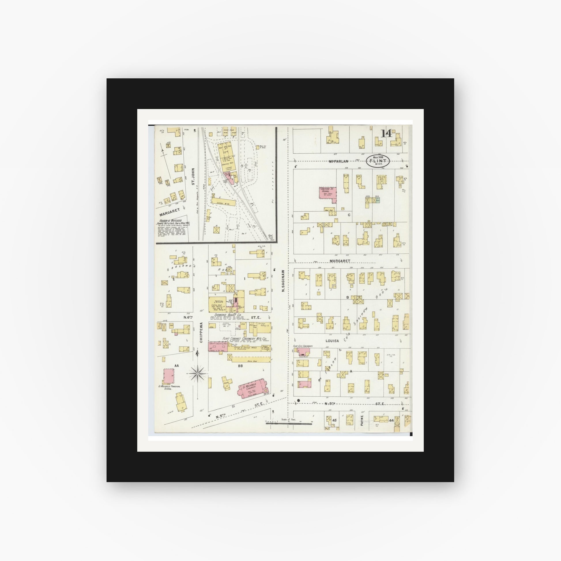 Old map wall art mockup — black gallery frame with white mat — Sanborn Fire Insurance Map from Flint, Genesee County, Michigan (1898), Sheet #0014
