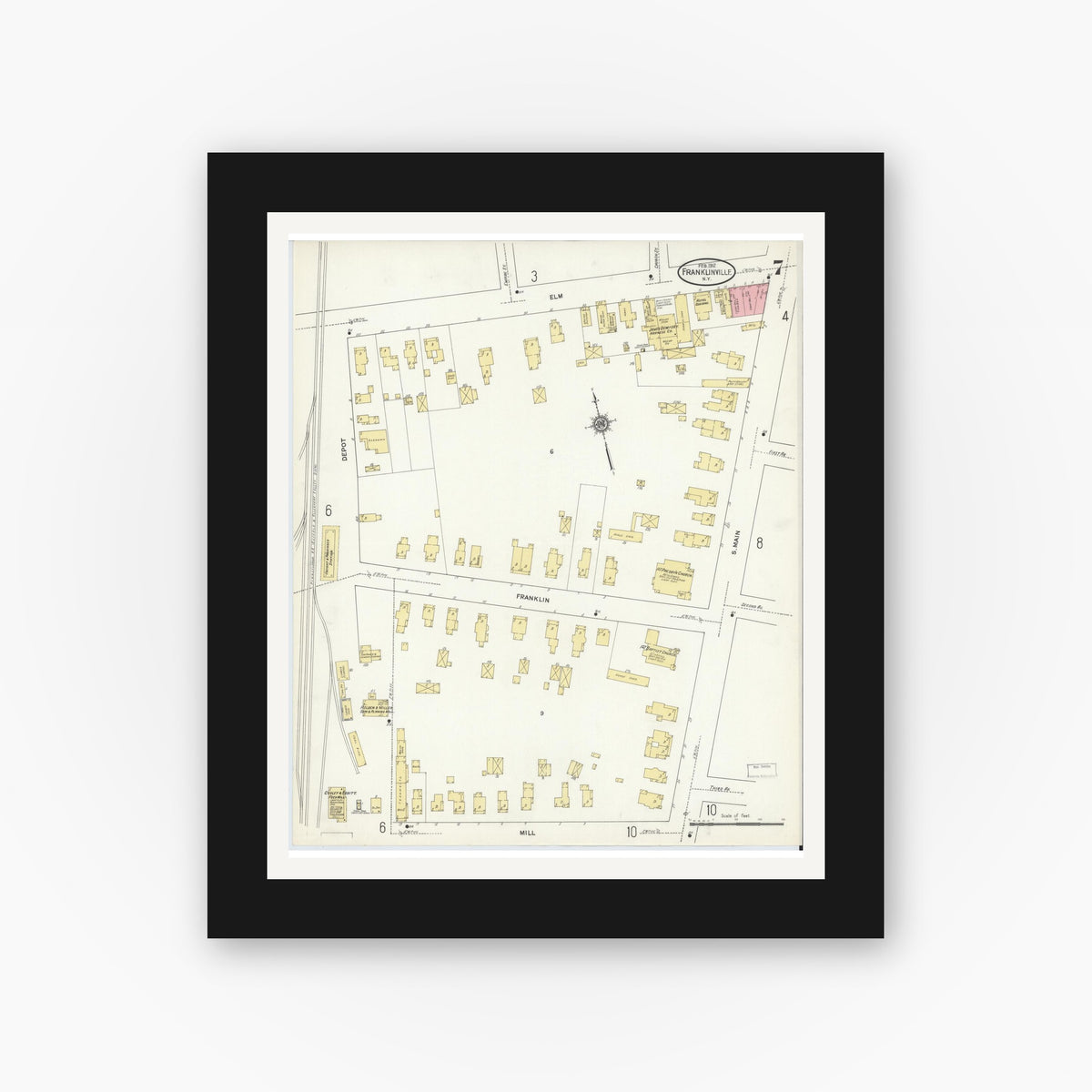 Old map wall art mockup — black gallery frame with white mat — Sanborn Fire Insurance Map from Franklinville, Cattaraugus County, New York (1912), Sheet #0007
