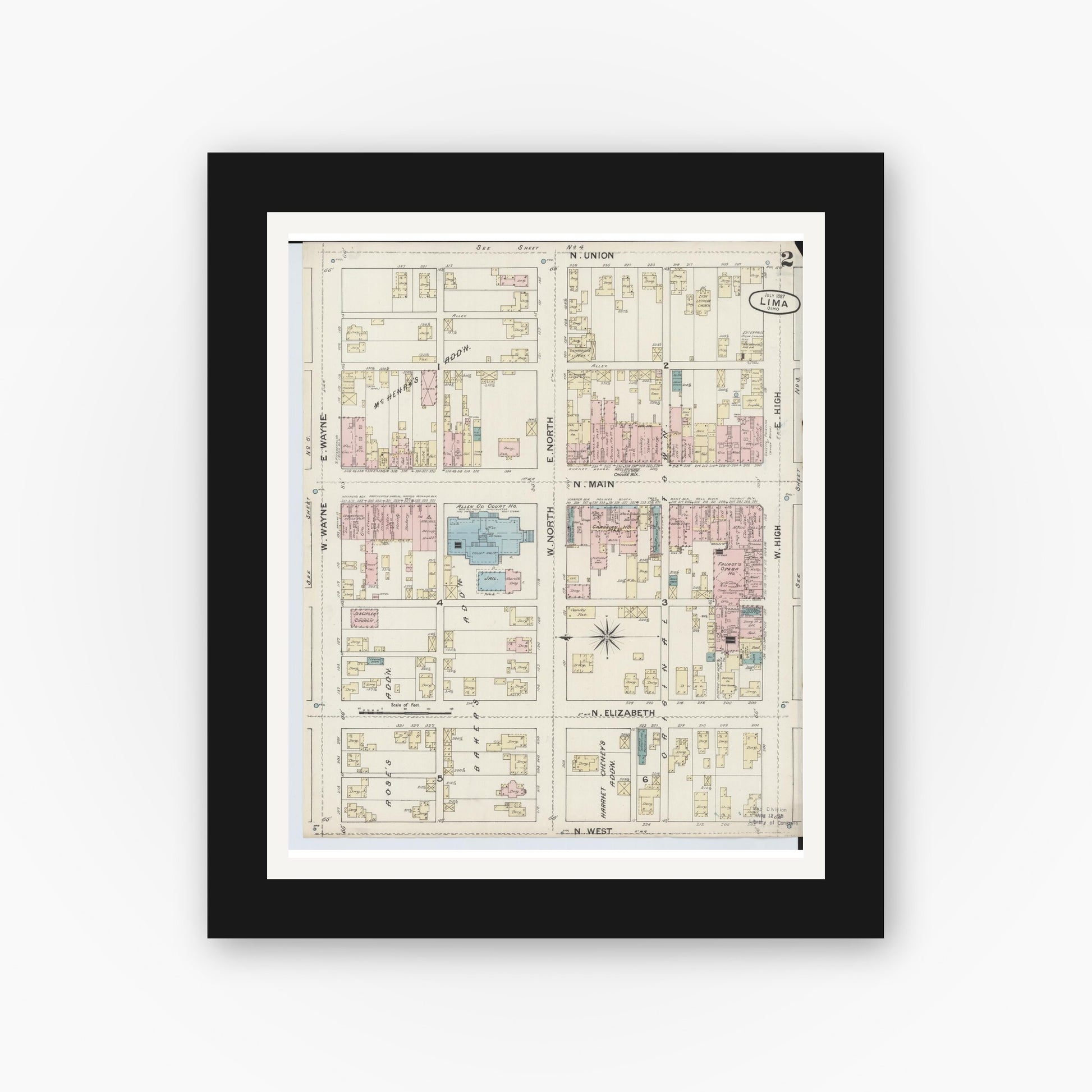 Old map wall art mockup — black gallery frame with white mat — Sanborn Fire Insurance Map from Lima, Allen County, Ohio (1887), Sheet #0002