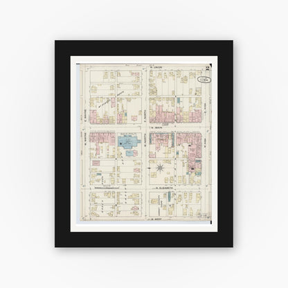 Old map wall art mockup — black gallery frame with white mat — Sanborn Fire Insurance Map from Lima, Allen County, Ohio (1887), Sheet #0002