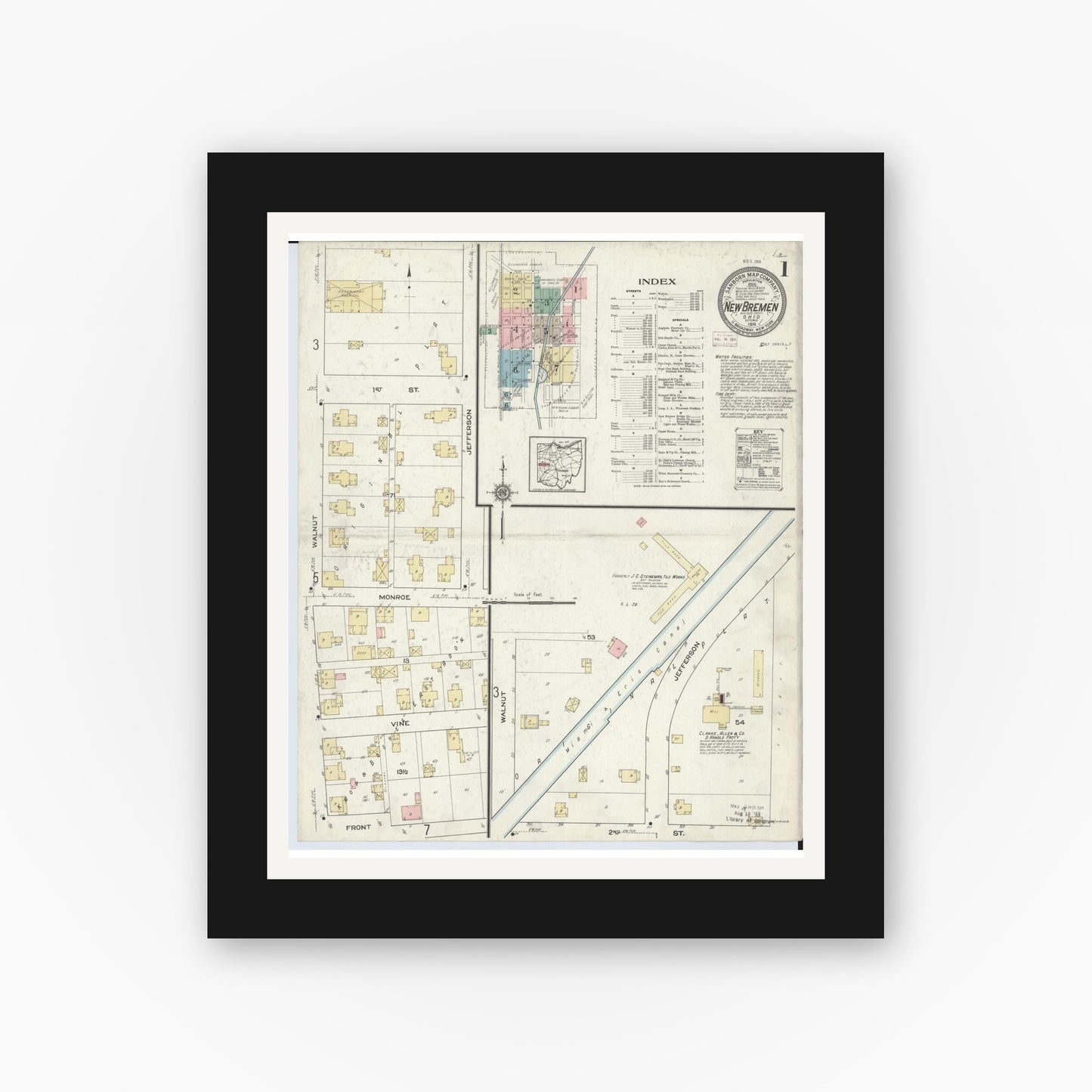 Old map wall art mockup — black gallery frame with white mat — Sanborn Fire Insurance Map from New Bremen, Auglaize County, Ohio (1914) - Complete Map Set