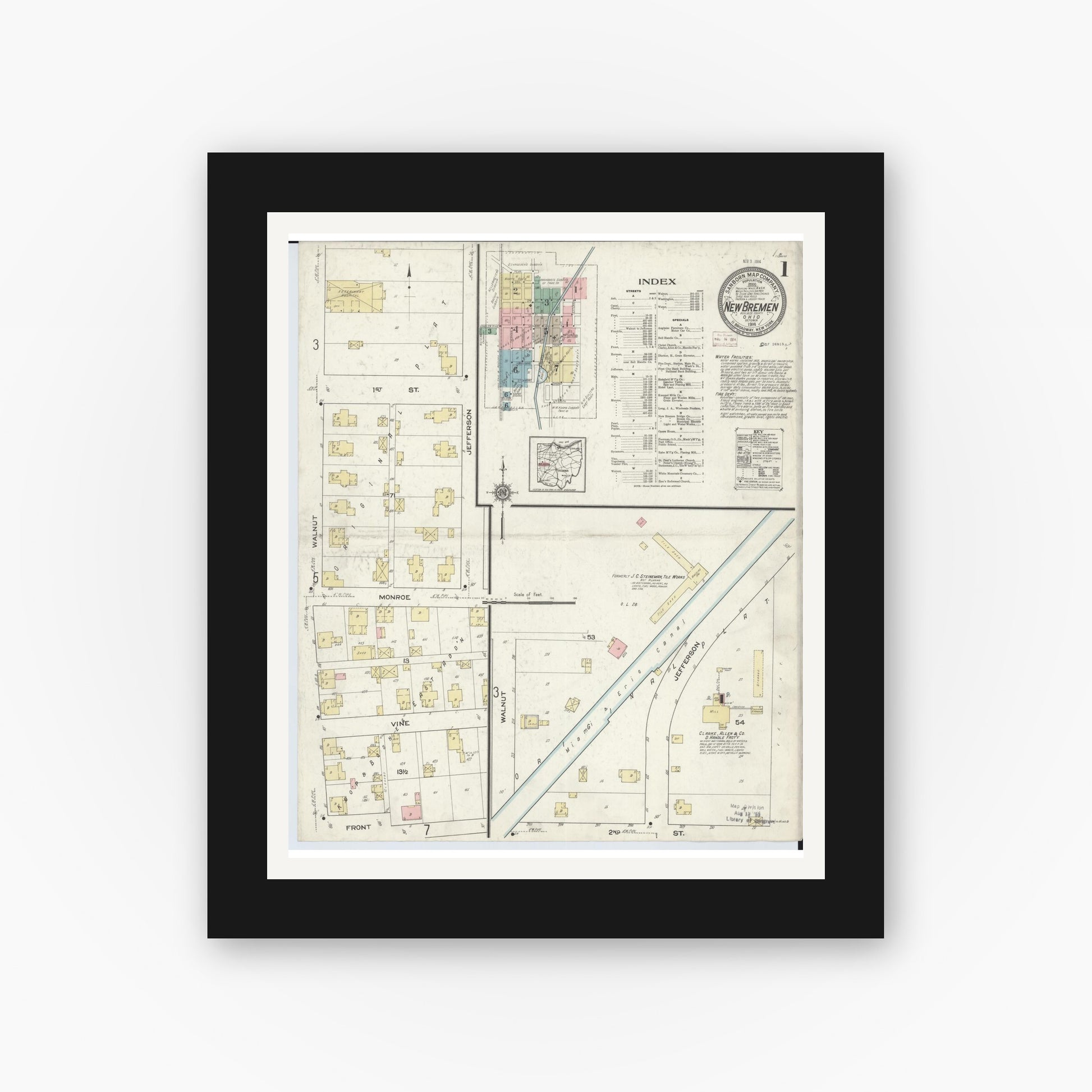 Old map wall art mockup — black gallery frame with white mat — Sanborn Fire Insurance Map from New Bremen, Auglaize County, Ohio (1914) - Complete Map Set