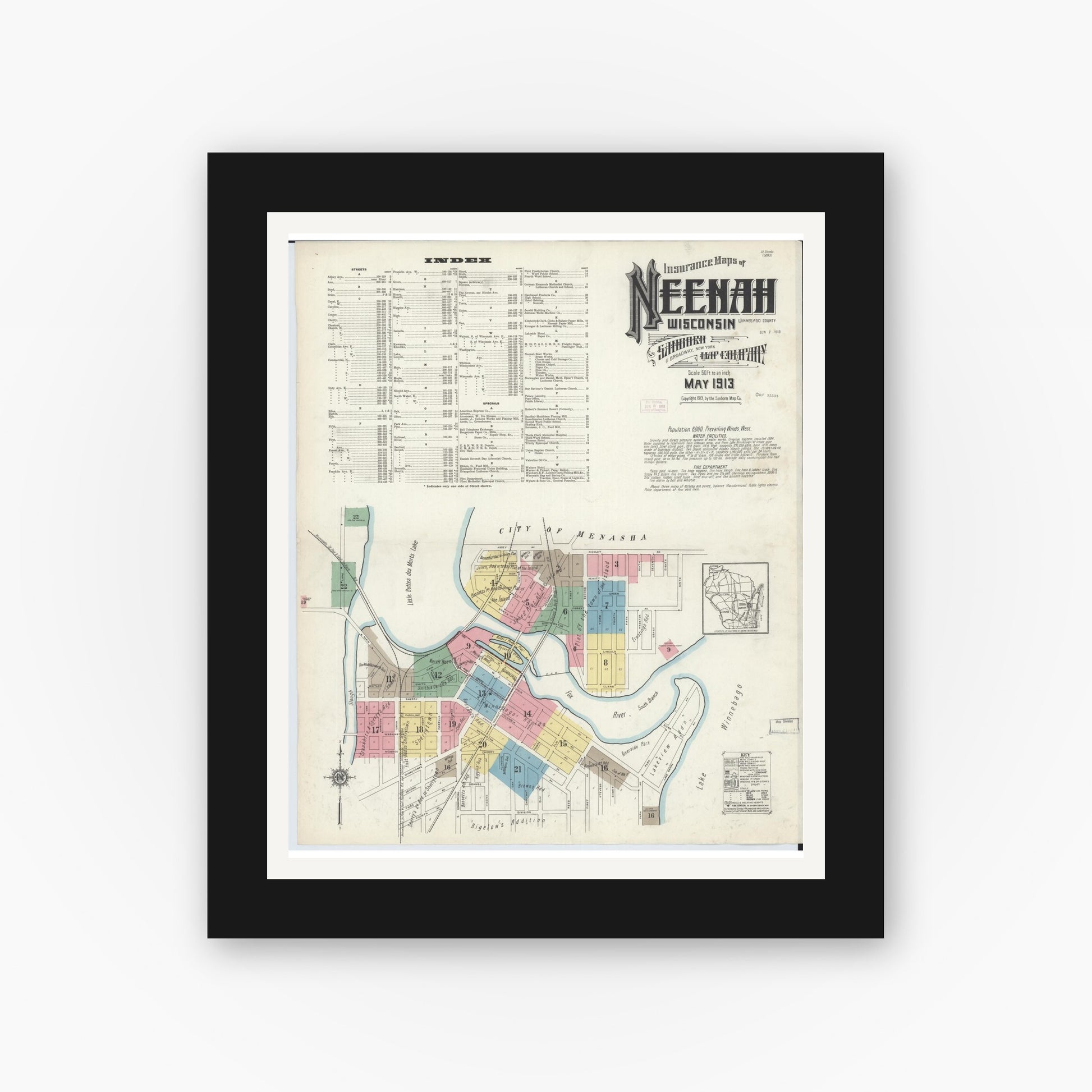 Old map wall art mockup — black gallery frame with white mat — Sanborn Fire Insurance Map from Neenah, Winnebago County, Wisconsin (1913) - Complete Map Set