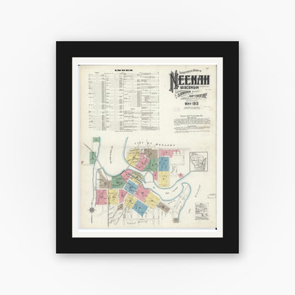 Old map wall art mockup — black gallery frame with white mat — Sanborn Fire Insurance Map from Neenah, Winnebago County, Wisconsin (1913) - Complete Map Set