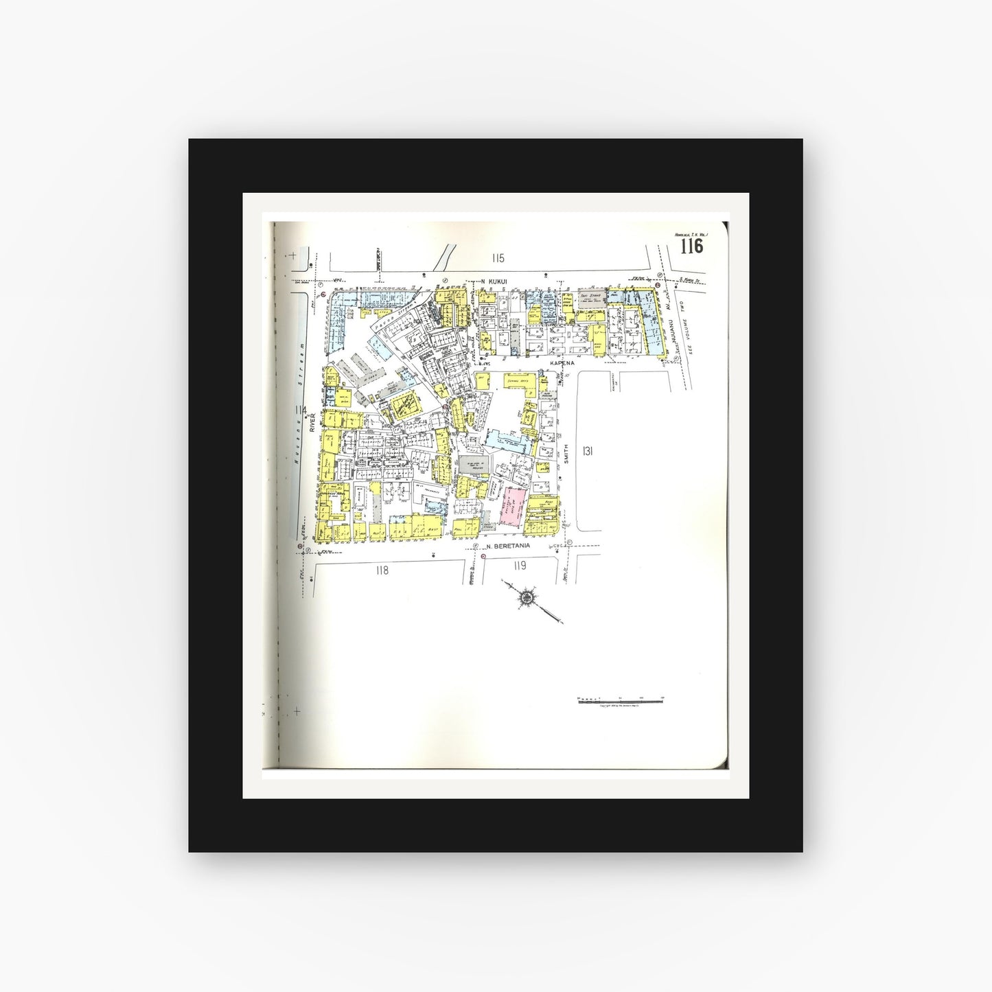 Old map wall art mockup — black gallery frame with white mat — Sanborn Fire Insurance Map from Honolulu, Oahu County, Hawaii (1955), Sheet #0116