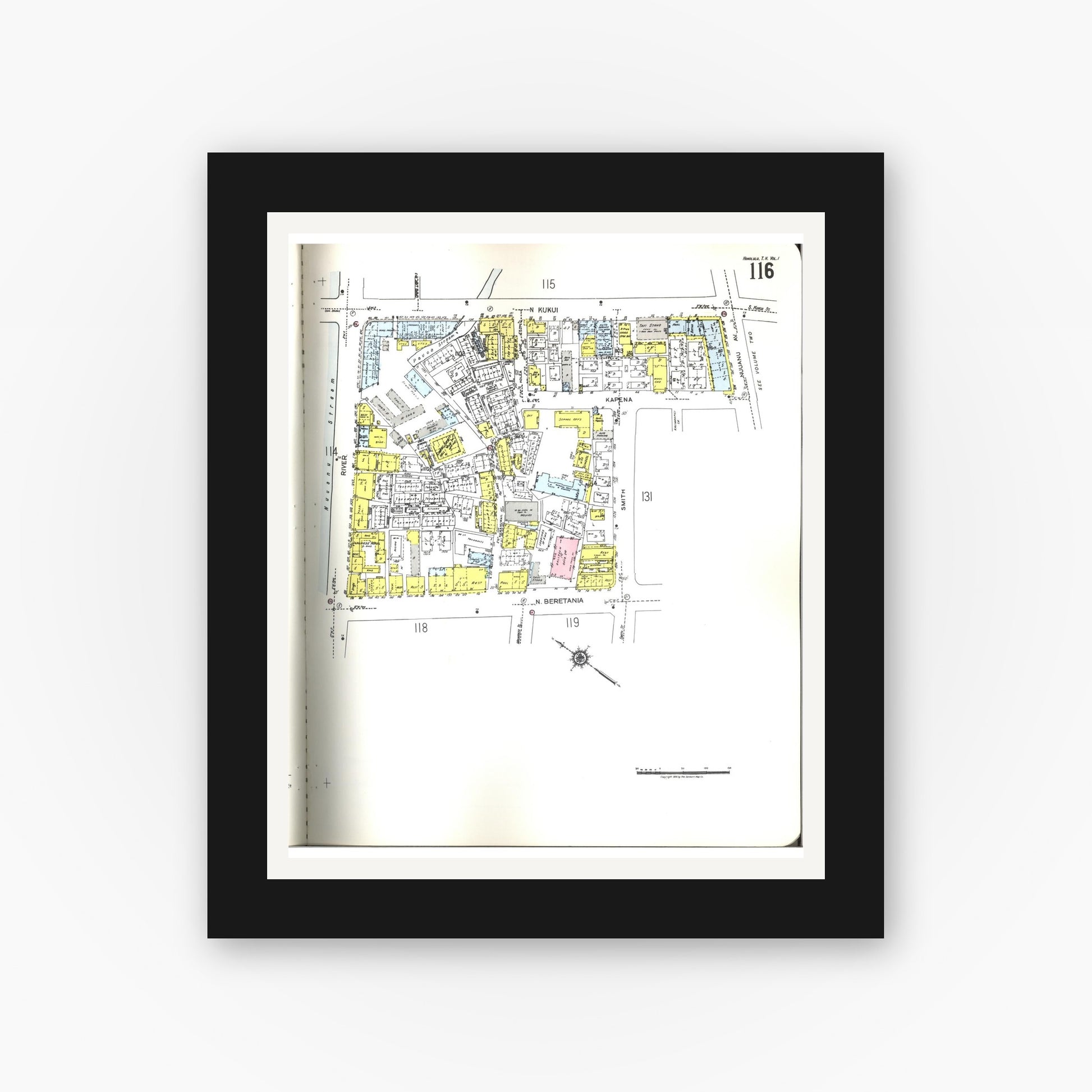 Old map wall art mockup — black gallery frame with white mat — Sanborn Fire Insurance Map from Honolulu, Oahu County, Hawaii (1955), Sheet #0116