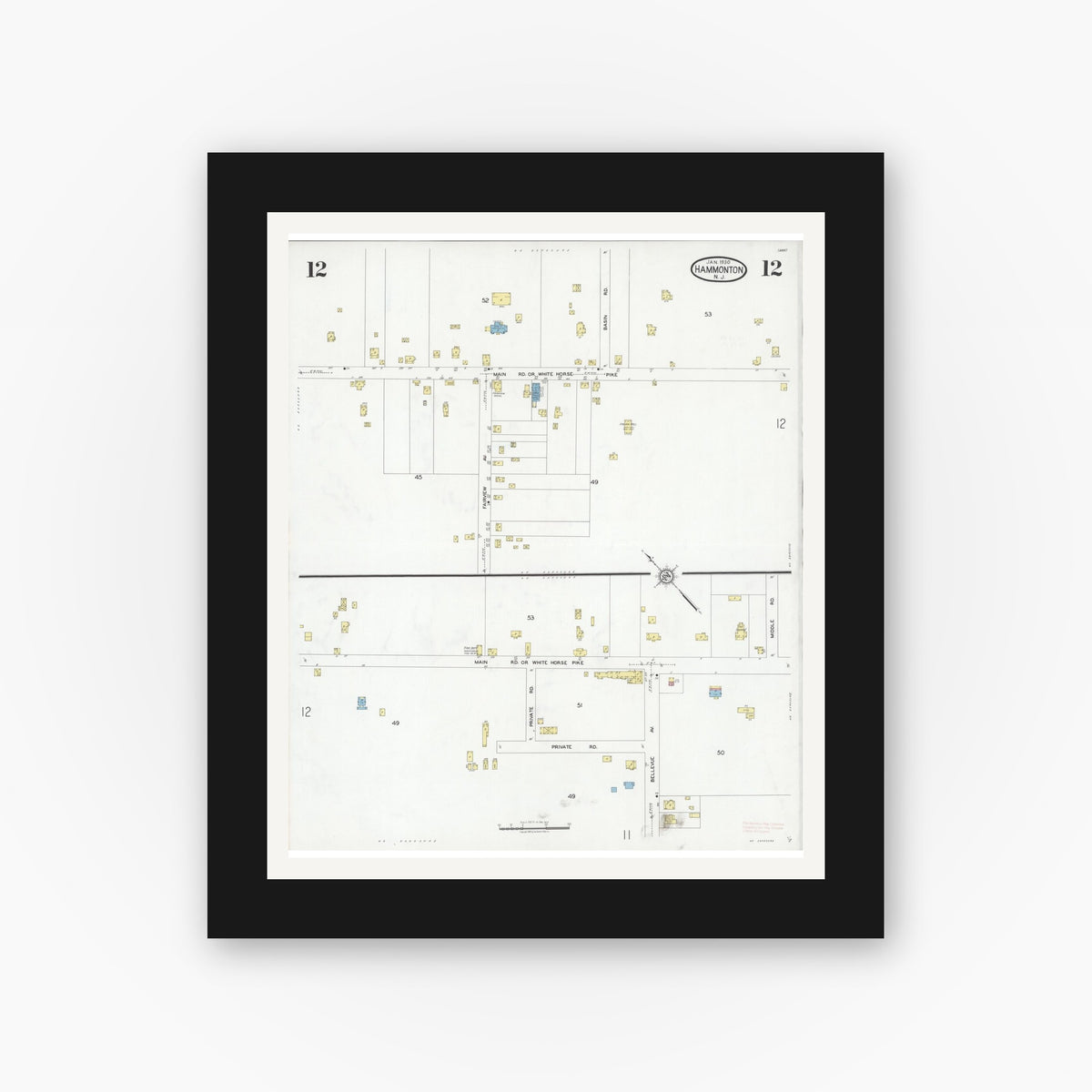 Old map wall art mockup — black gallery frame with white mat — Sanborn Fire Insurance Map from Hammonton, Atlantic County, New Jersey (1930), Sheet #0012
