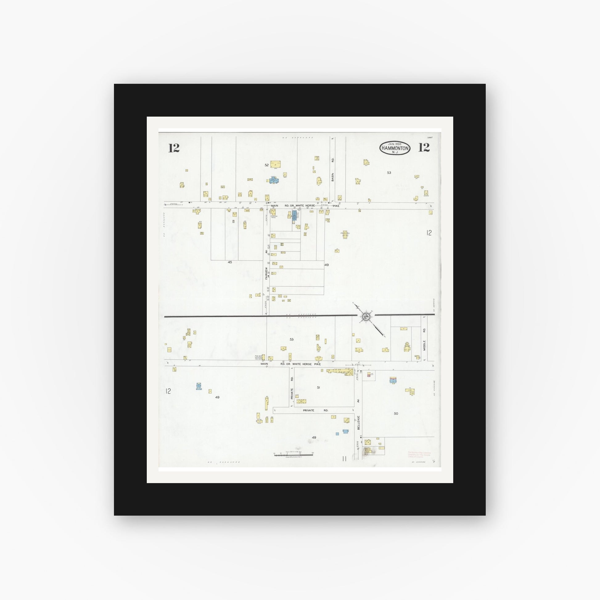 Old map wall art mockup — black gallery frame with white mat — Sanborn Fire Insurance Map from Hammonton, Atlantic County, New Jersey (1930), Sheet #0012