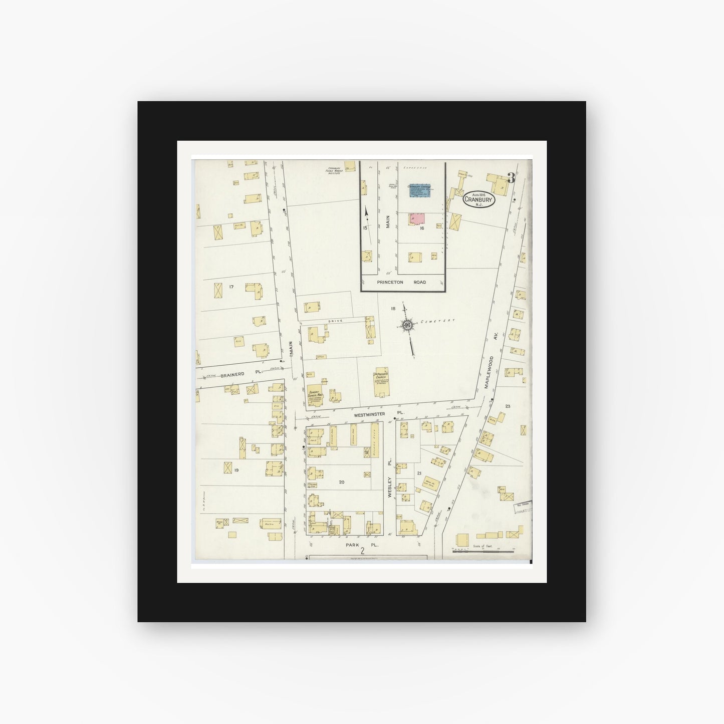 Old map wall art mockup — black gallery frame with white mat — Sanborn Fire Insurance Map from Cranbury, Middlesex County, New Jersey (1916), Sheet #0003
