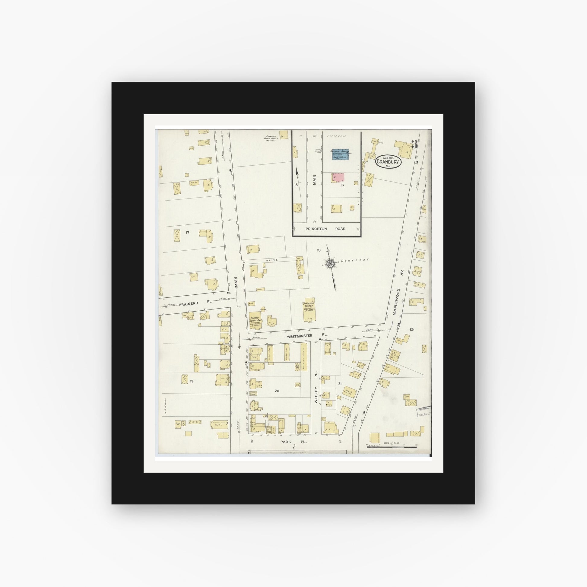 Old map wall art mockup — black gallery frame with white mat — Sanborn Fire Insurance Map from Cranbury, Middlesex County, New Jersey (1916), Sheet #0003