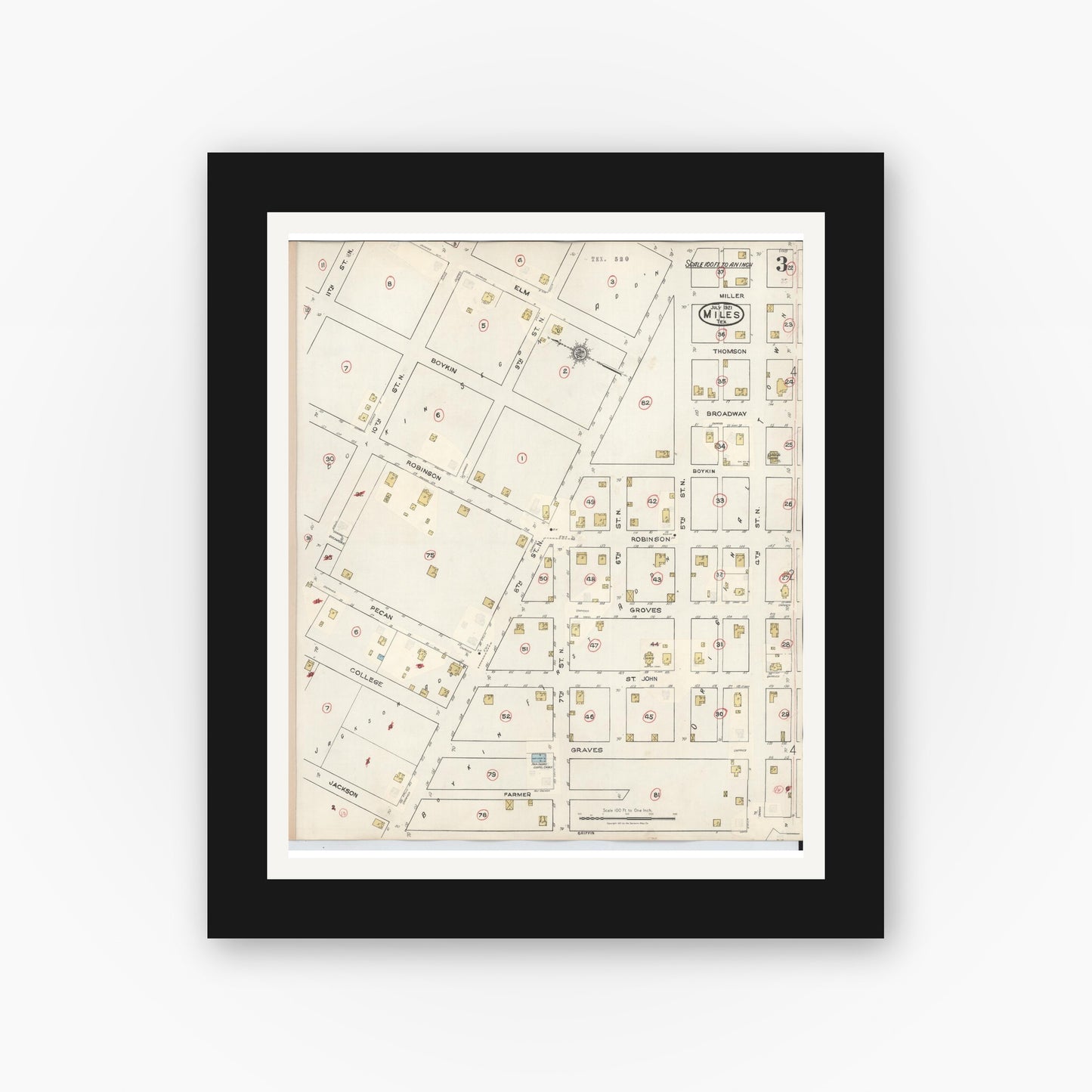 Old map wall art mockup — black gallery frame with white mat — Sanborn Fire Insurance Map from Miles, Runnels County, Texas (1936), Sheet #0003