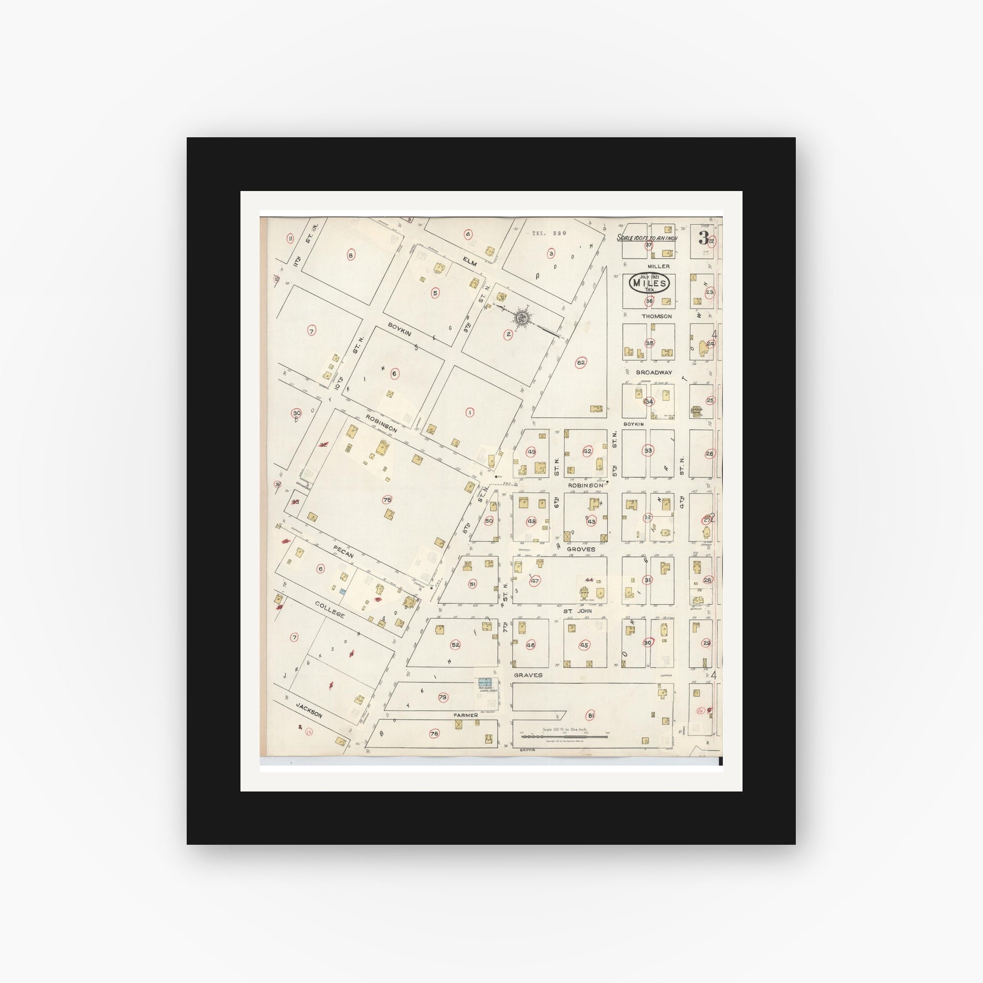 Old map wall art mockup — black gallery frame with white mat — Sanborn Fire Insurance Map from Miles, Runnels County, Texas (1936), Sheet #0003