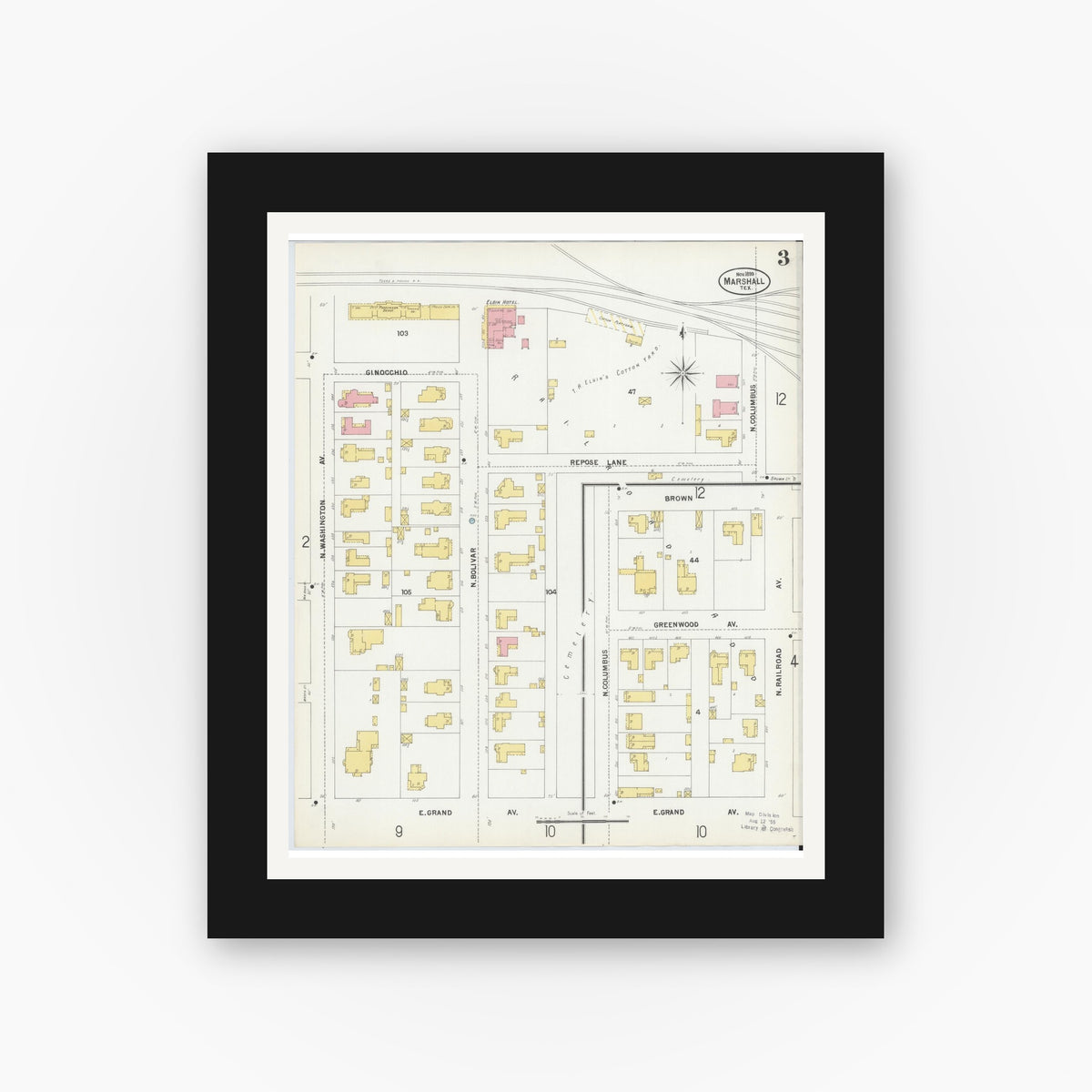 Old map wall art mockup — black gallery frame with white mat — Sanborn Fire Insurance Map from Marshall, Harrison County, Texas (1899), Sheet #0003