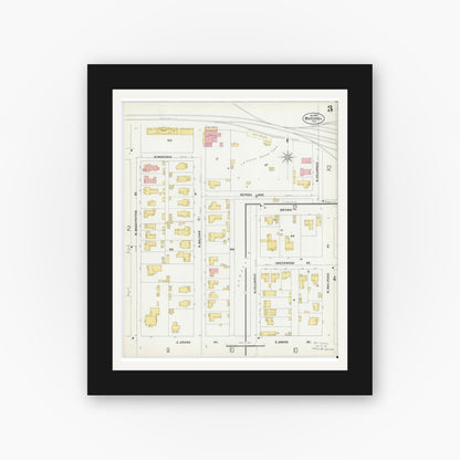 Old map wall art mockup — black gallery frame with white mat — Sanborn Fire Insurance Map from Marshall, Harrison County, Texas (1899), Sheet #0003