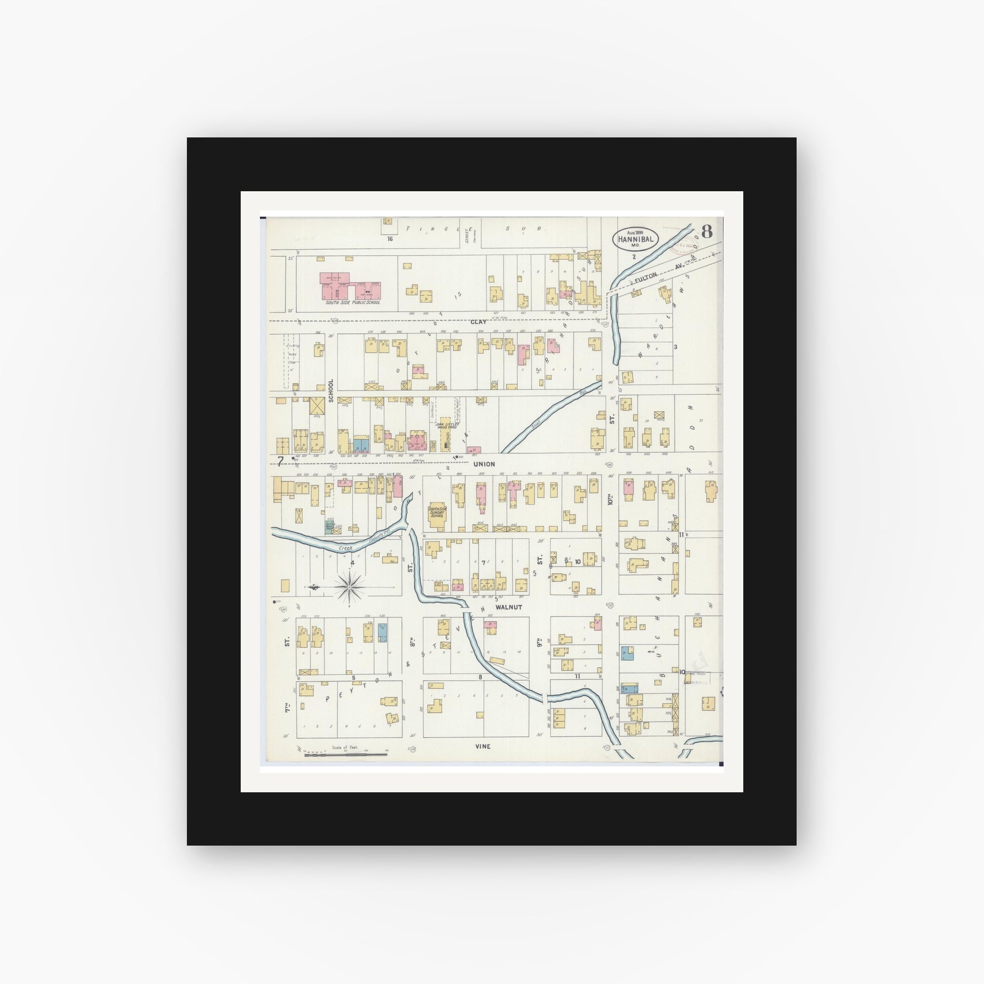 Old map wall art mockup — black gallery frame with white mat — Sanborn Fire Insurance Map from Hannibal, Marion County, Missouri (1899), Sheet #0008