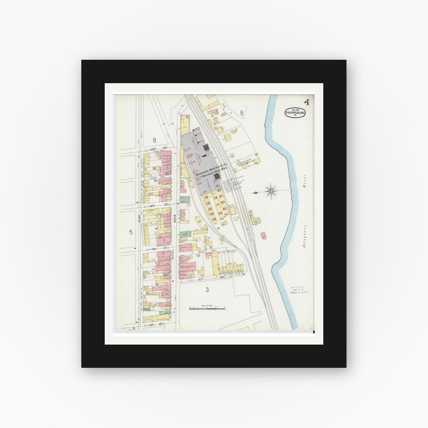 Old map wall art mockup — black gallery frame with white mat — Sanborn Fire Insurance Map from Sharpsburg, Allegheny County, Pennsylvania (1896), Sheet #0004