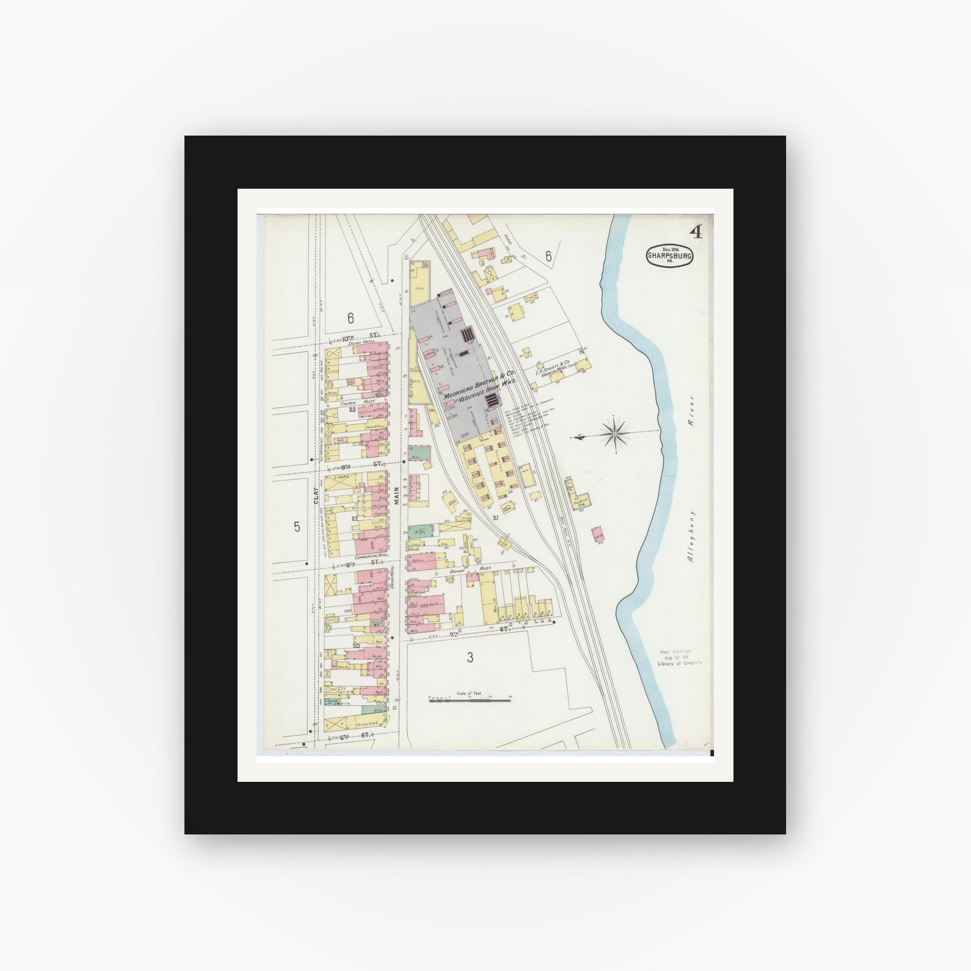 Old map wall art mockup — black gallery frame with white mat — Sanborn Fire Insurance Map from Sharpsburg, Allegheny County, Pennsylvania (1896), Sheet #0004