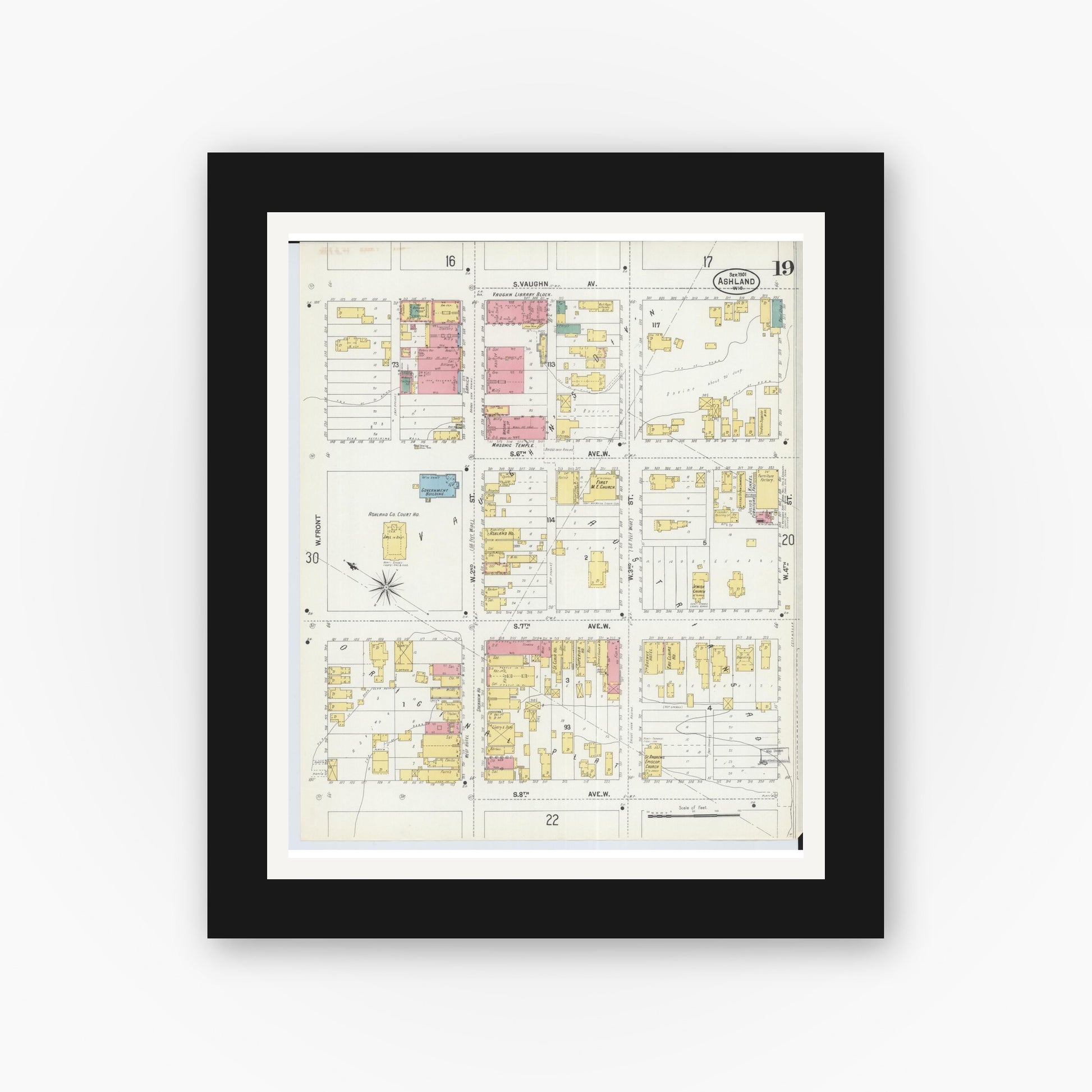 Old map wall art mockup — black gallery frame with white mat — Sanborn Fire Insurance Map from Ashland, Ashland County, Wisconsin (1901), Sheet #0019