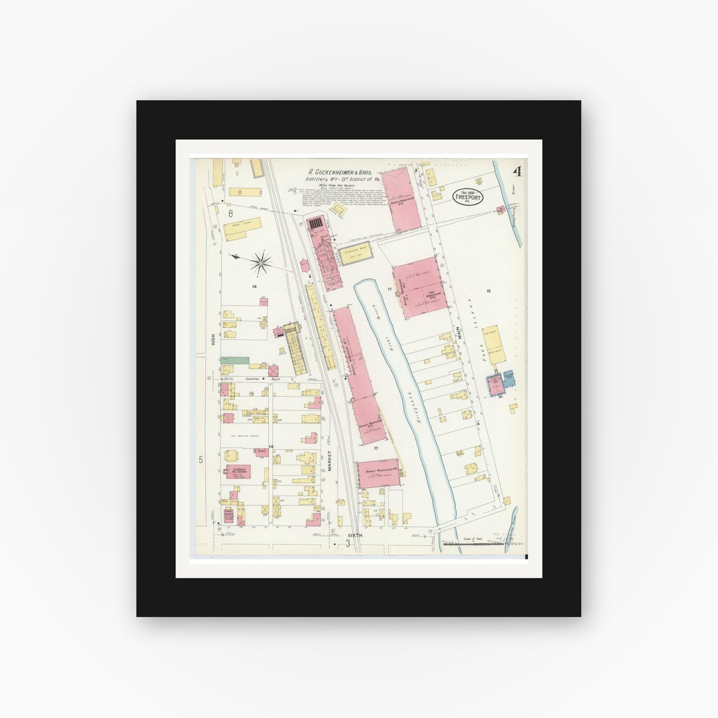 Old map wall art mockup — black gallery frame with white mat — Sanborn Fire Insurance Map from Freeport, Armstrong County, Pennsylvania (1908), Sheet #0004