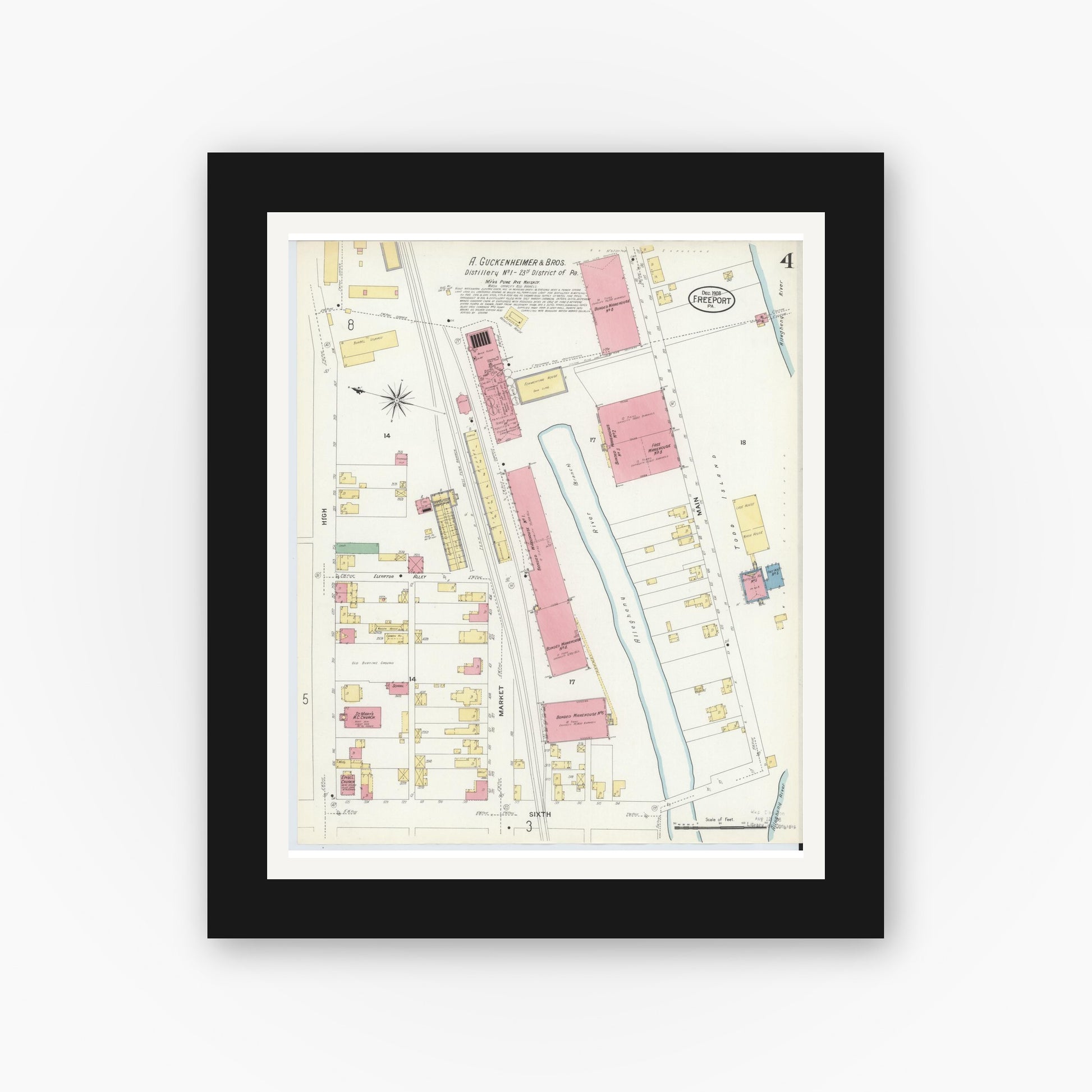 Old map wall art mockup — black gallery frame with white mat — Sanborn Fire Insurance Map from Freeport, Armstrong County, Pennsylvania (1908), Sheet #0004