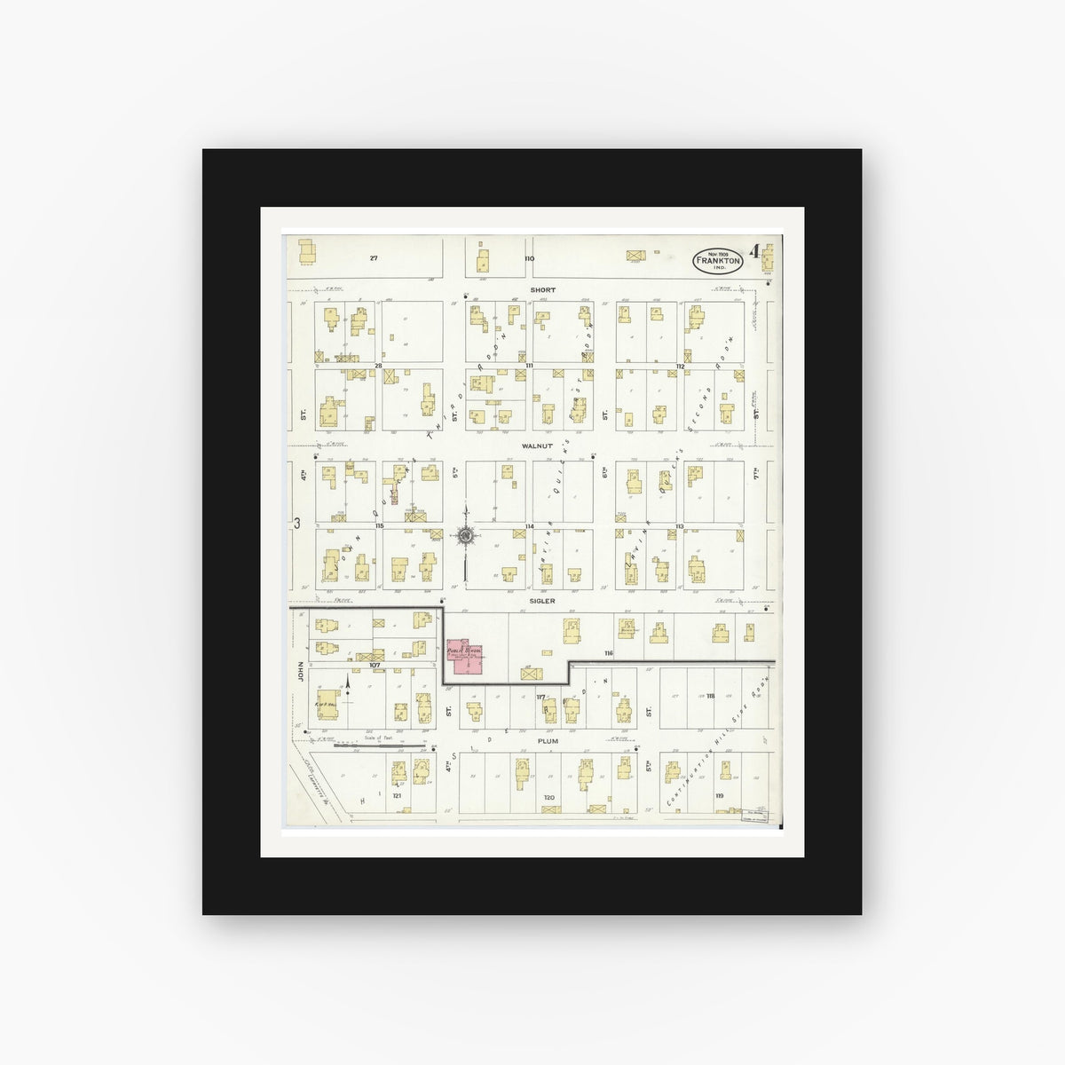 Old map wall art mockup — black gallery frame with white mat — Sanborn Fire Insurance Map from Frankton, Madison County, Indiana (1909), Sheet #0004