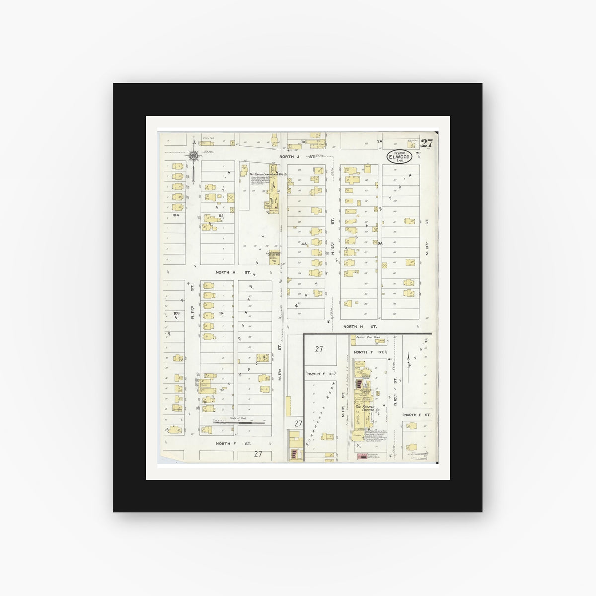 Old map wall art mockup — black gallery frame with white mat — Sanborn Fire Insurance Map from Elwood, Madison County, Indiana (1910), Sheet #0027