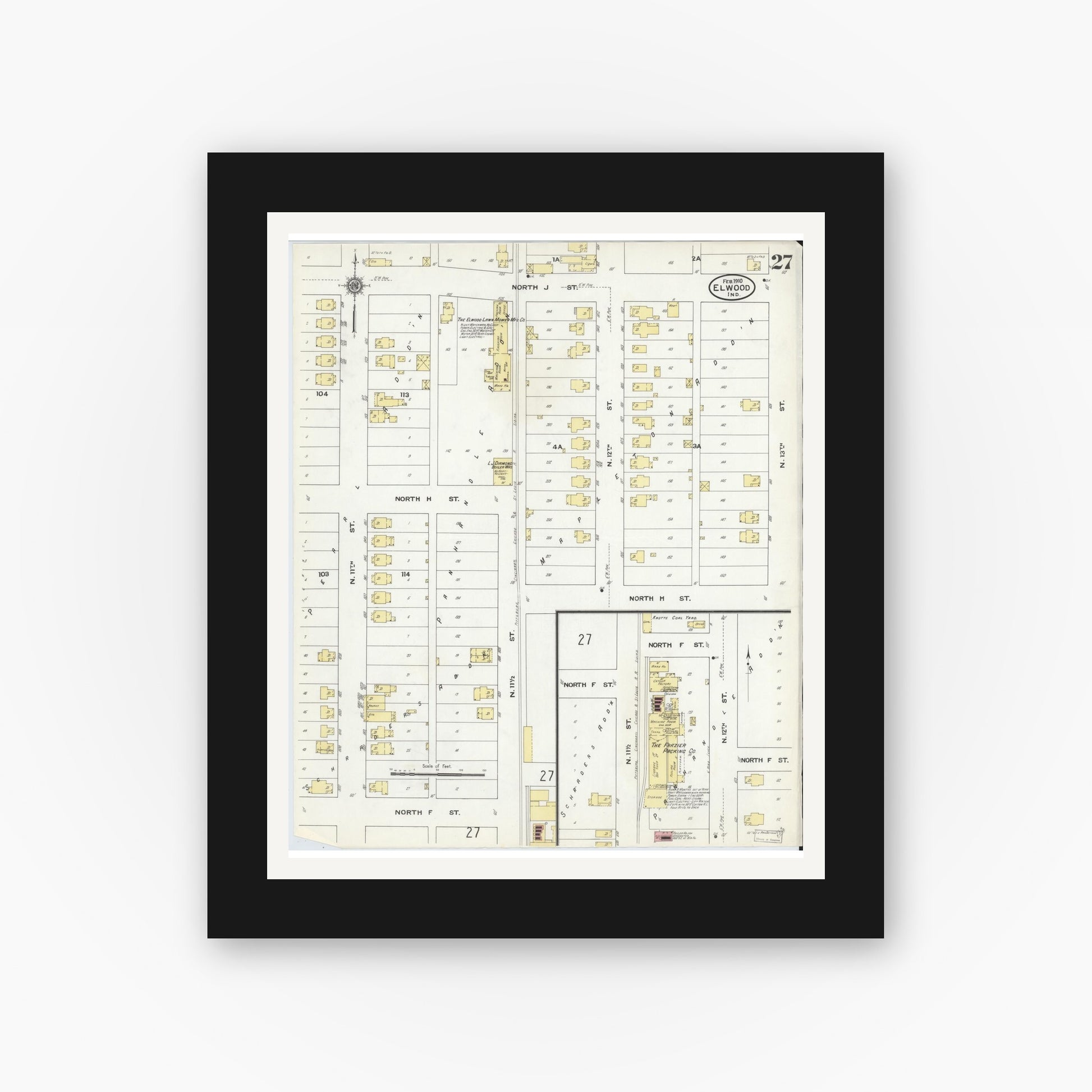 Old map wall art mockup — black gallery frame with white mat — Sanborn Fire Insurance Map from Elwood, Madison County, Indiana (1910), Sheet #0027