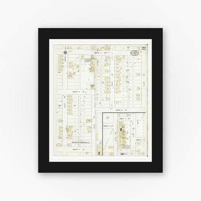 Old map wall art mockup — black gallery frame with white mat — Sanborn Fire Insurance Map from Elwood, Madison County, Indiana (1910), Sheet #0027