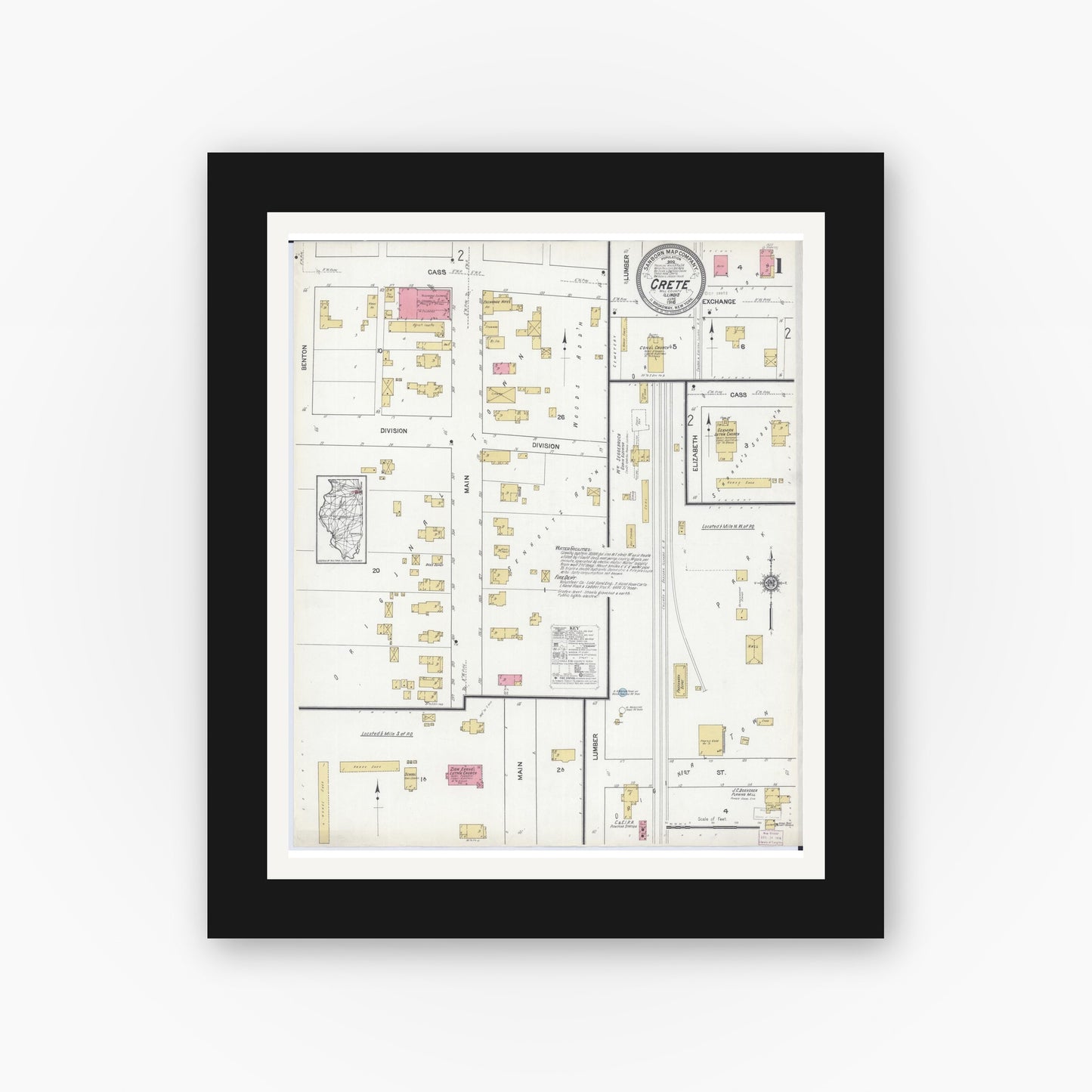 Old map wall art mockup — black gallery frame with white mat — Sanborn Fire Insurance Map from Crete, Will County, Illinois (1916) - Complete Map Set
