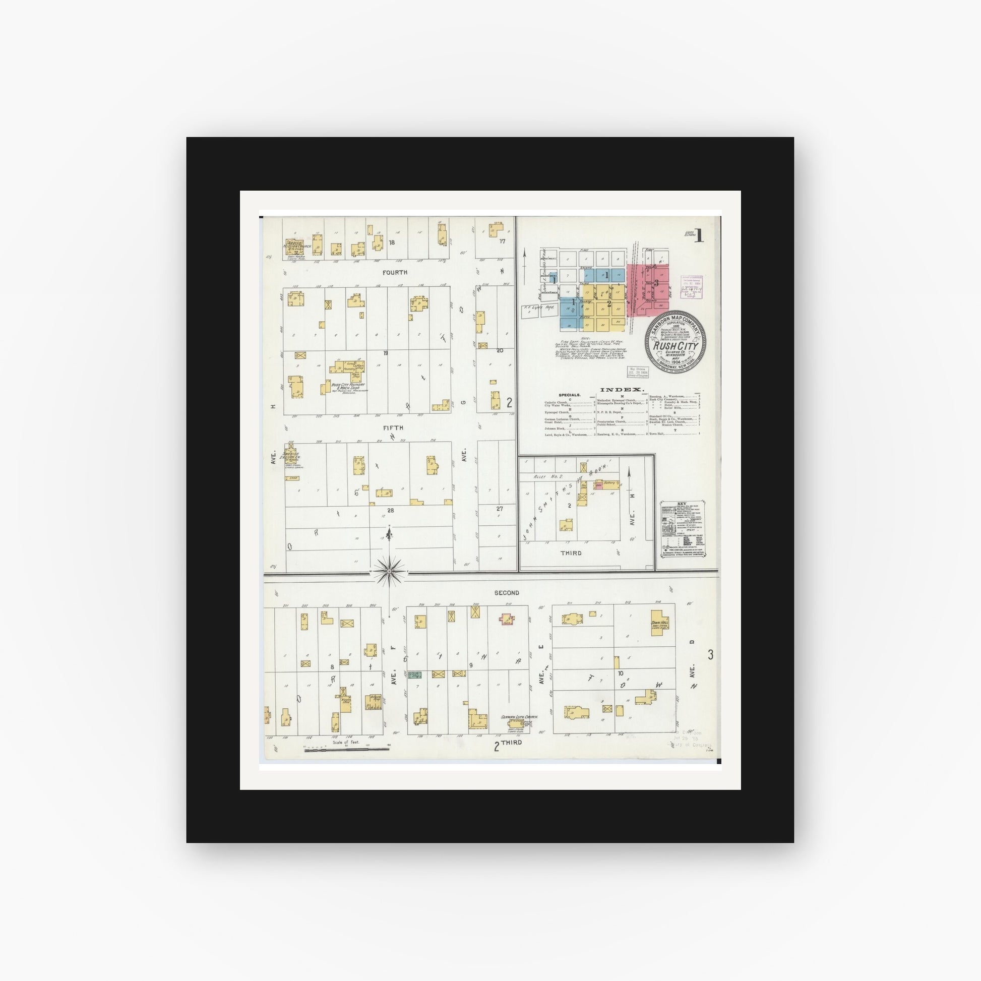 Old map wall art mockup — black gallery frame with white mat — Sanborn Fire Insurance Map from Rush City, Chisago County, Minnesota (1904), Sheet #0001