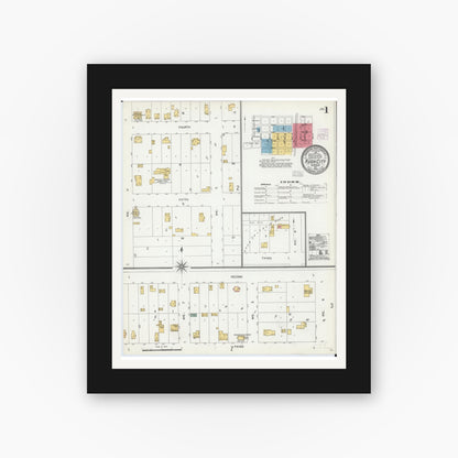 Old map wall art mockup — black gallery frame with white mat — Sanborn Fire Insurance Map from Rush City, Chisago County, Minnesota (1904), Sheet #0001