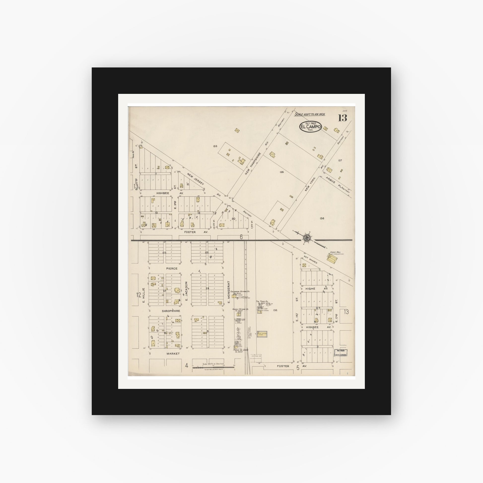 Old map wall art mockup — black gallery frame with white mat — Sanborn Fire Insurance Map from El Campo, Wharton County, Texas (1922), Sheet #0013