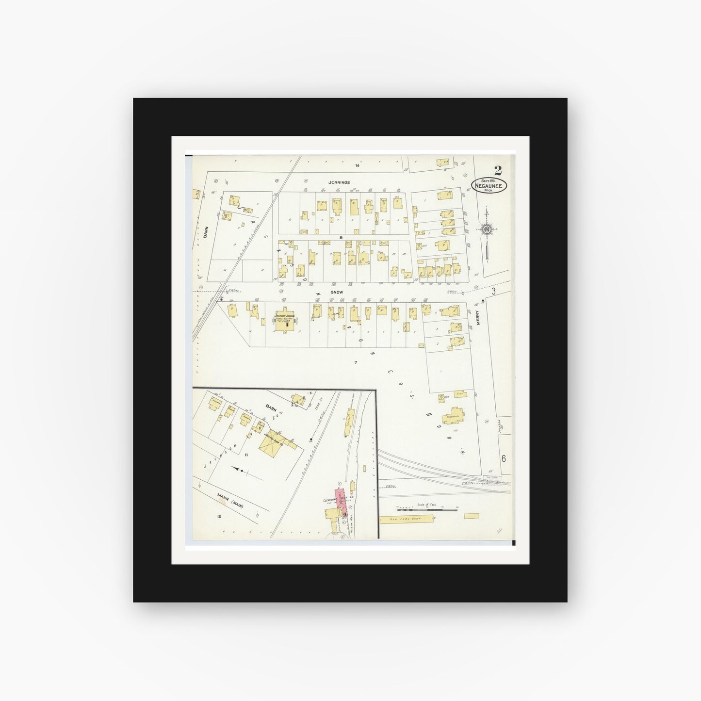 Old map wall art mockup — black gallery frame with white mat — Sanborn Fire Insurance Map from Negaunee, Marquette County, Michigan (1911), Sheet #0002