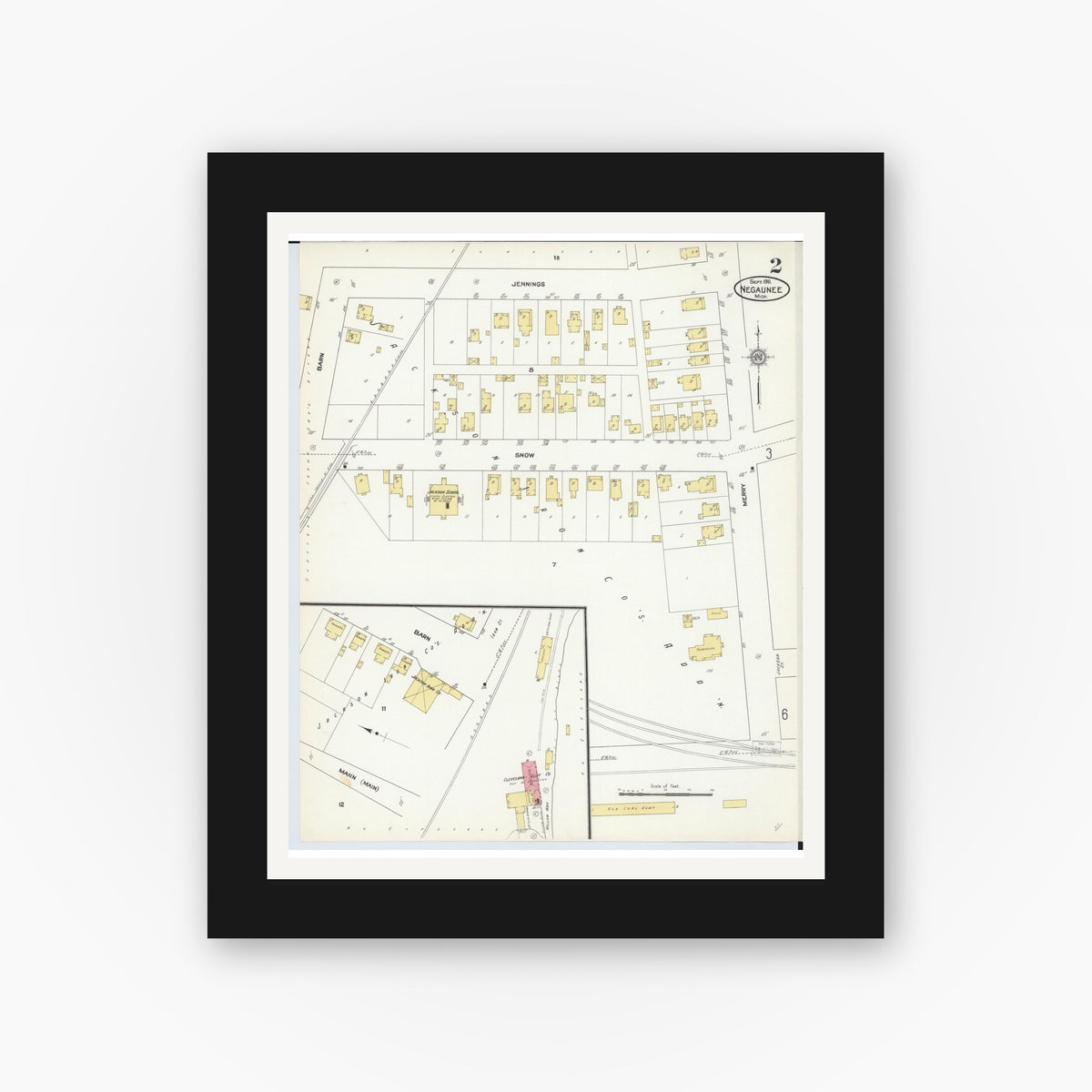 Old map wall art mockup — black gallery frame with white mat — Sanborn Fire Insurance Map from Negaunee, Marquette County, Michigan (1911), Sheet #0002