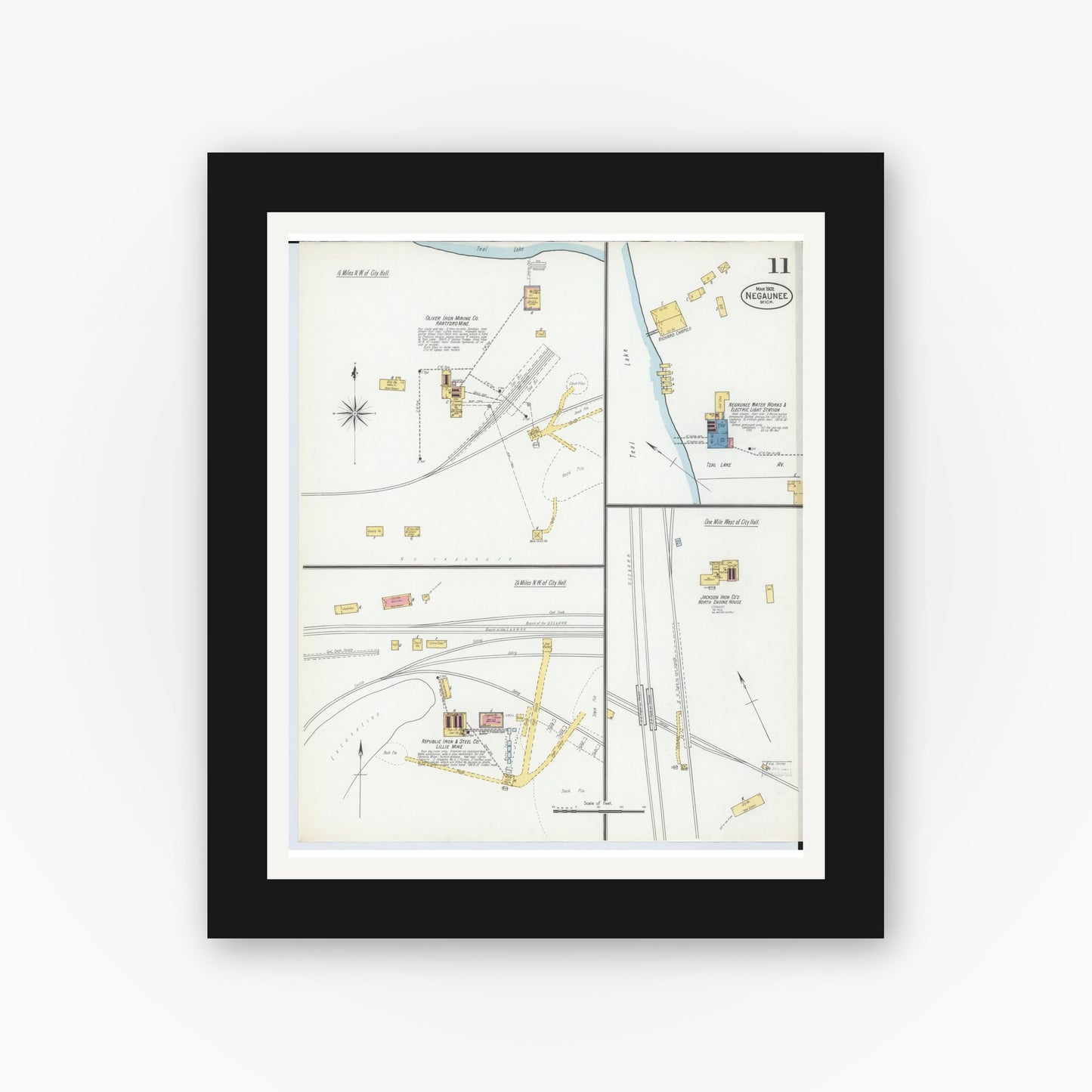 Old map wall art mockup — black gallery frame with white mat — Sanborn Fire Insurance Map from Negaunee, Marquette County, Michigan (1902), Sheet #0011