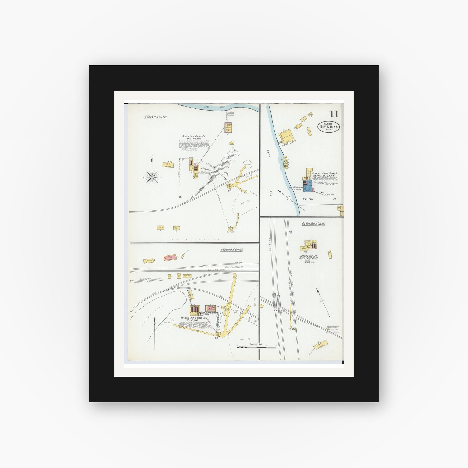 Old map wall art mockup — black gallery frame with white mat — Sanborn Fire Insurance Map from Negaunee, Marquette County, Michigan (1902), Sheet #0011