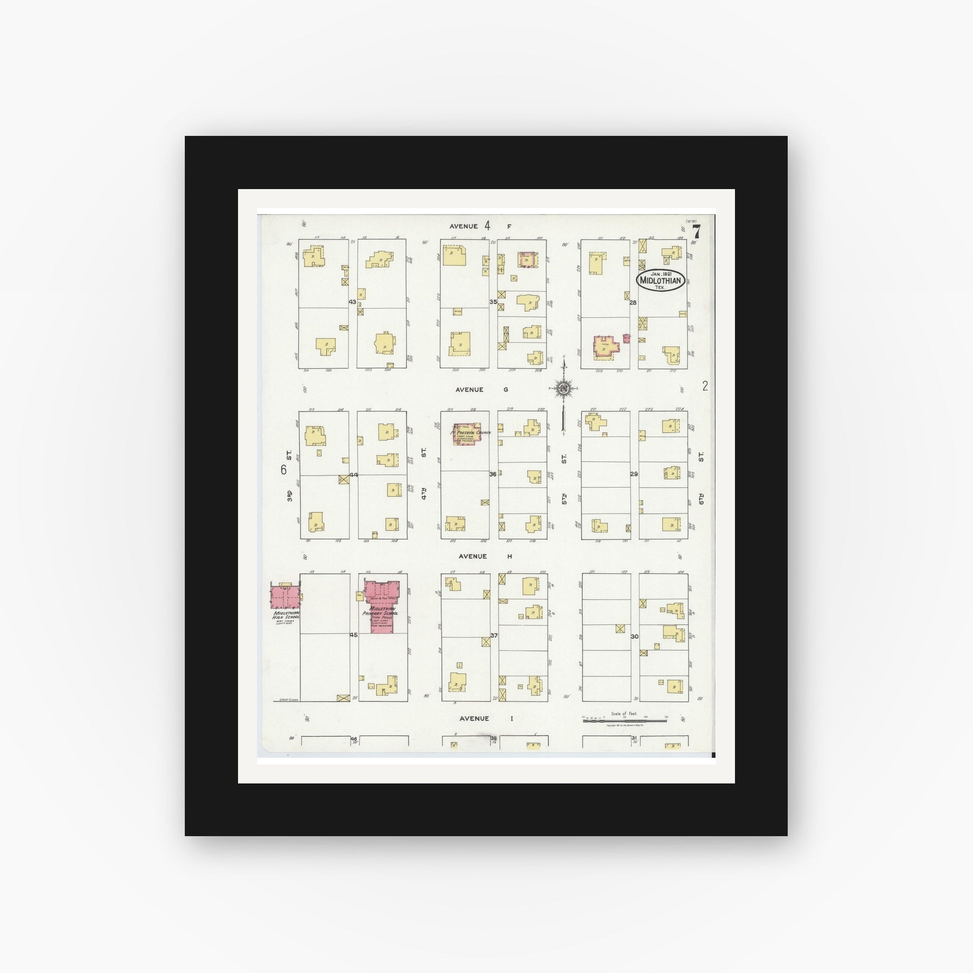 Old map wall art mockup — black gallery frame with white mat — Sanborn Fire Insurance Map from Midlothian, Ellis County, Texas (1921), Sheet #0007