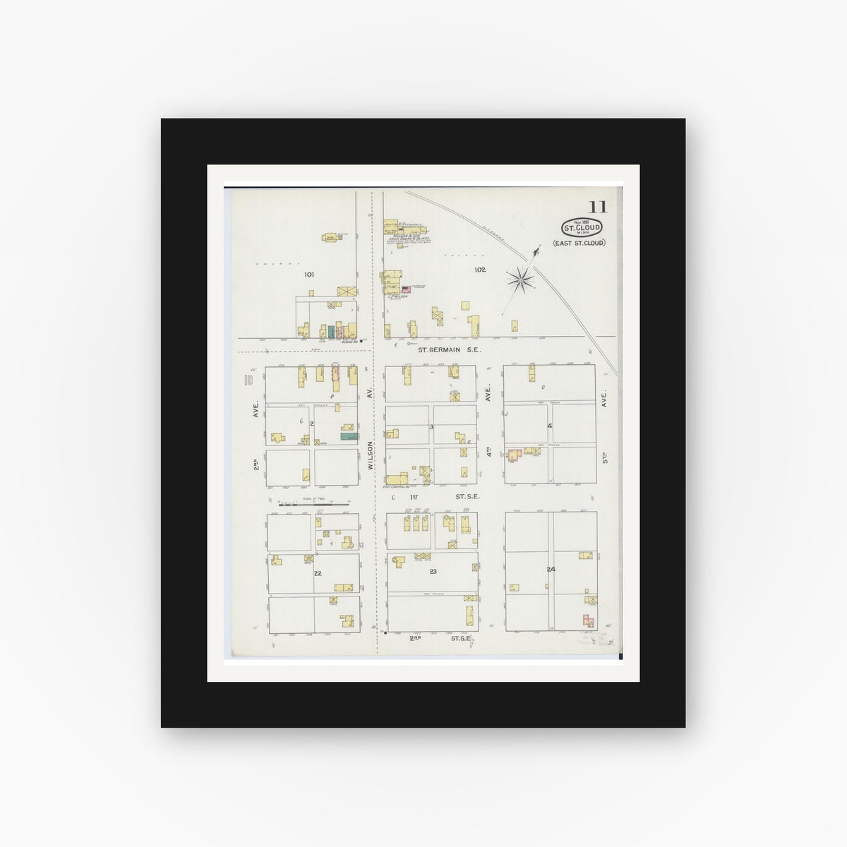 Old map wall art mockup — black gallery frame with white mat — Sanborn Fire Insurance Map from Saint Cloud, Stearns, Benton, and Sherburne Counties, Minnesota (1893), Sheet #0011