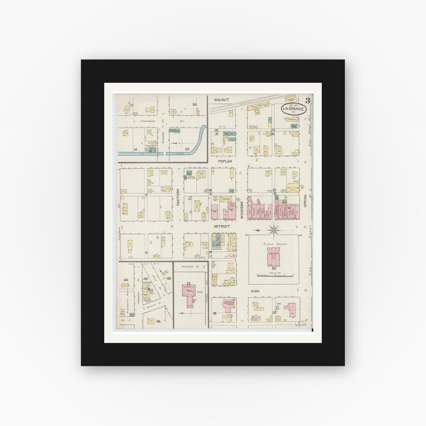 Old map wall art mockup — black gallery frame with white mat — Sanborn Fire Insurance Map from Lagrange, LaGrange County, Indiana (1887), Sheet #0003