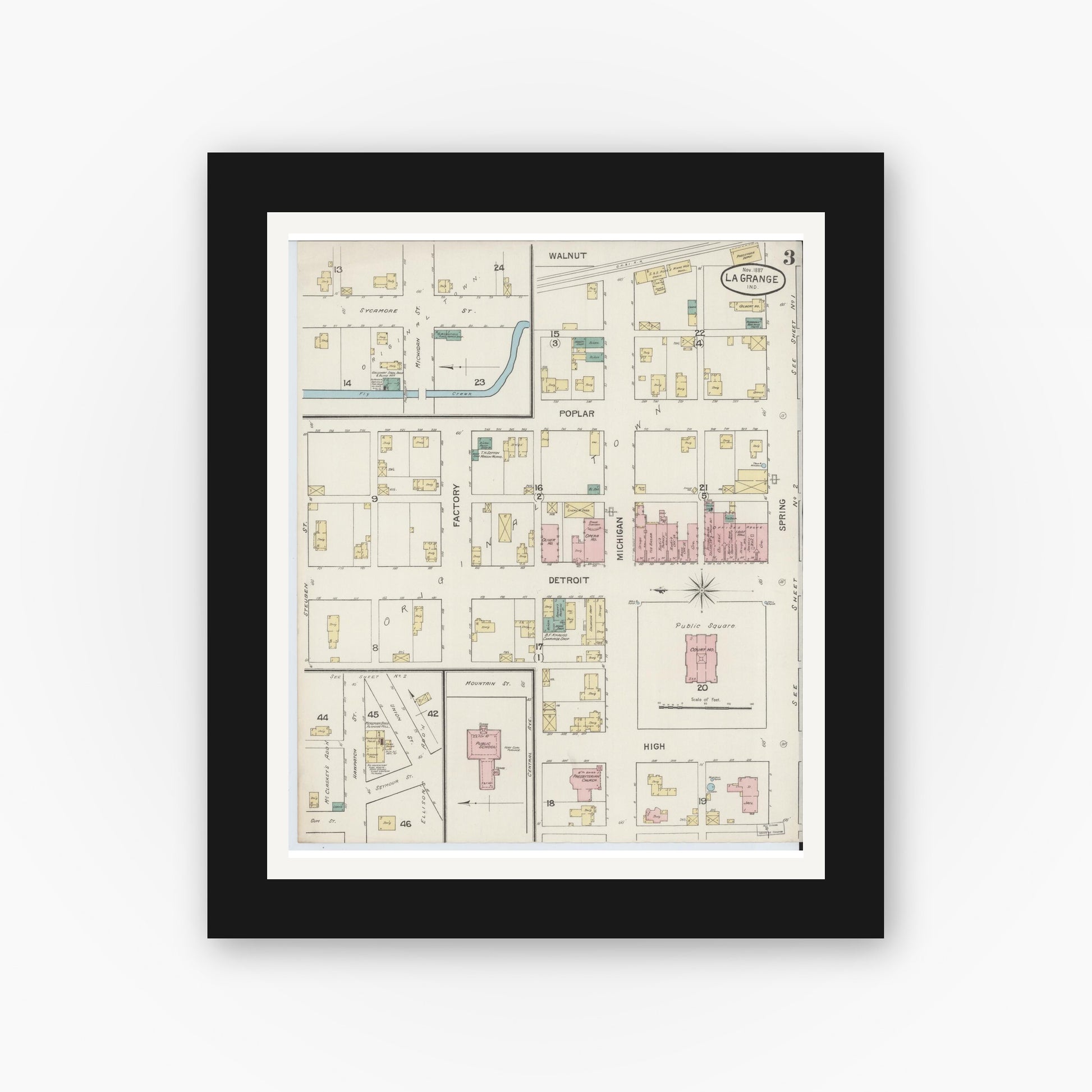 Old map wall art mockup — black gallery frame with white mat — Sanborn Fire Insurance Map from Lagrange, LaGrange County, Indiana (1887), Sheet #0003