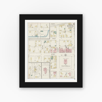 Old map wall art mockup — black gallery frame with white mat — Sanborn Fire Insurance Map from Lagrange, LaGrange County, Indiana (1887), Sheet #0003