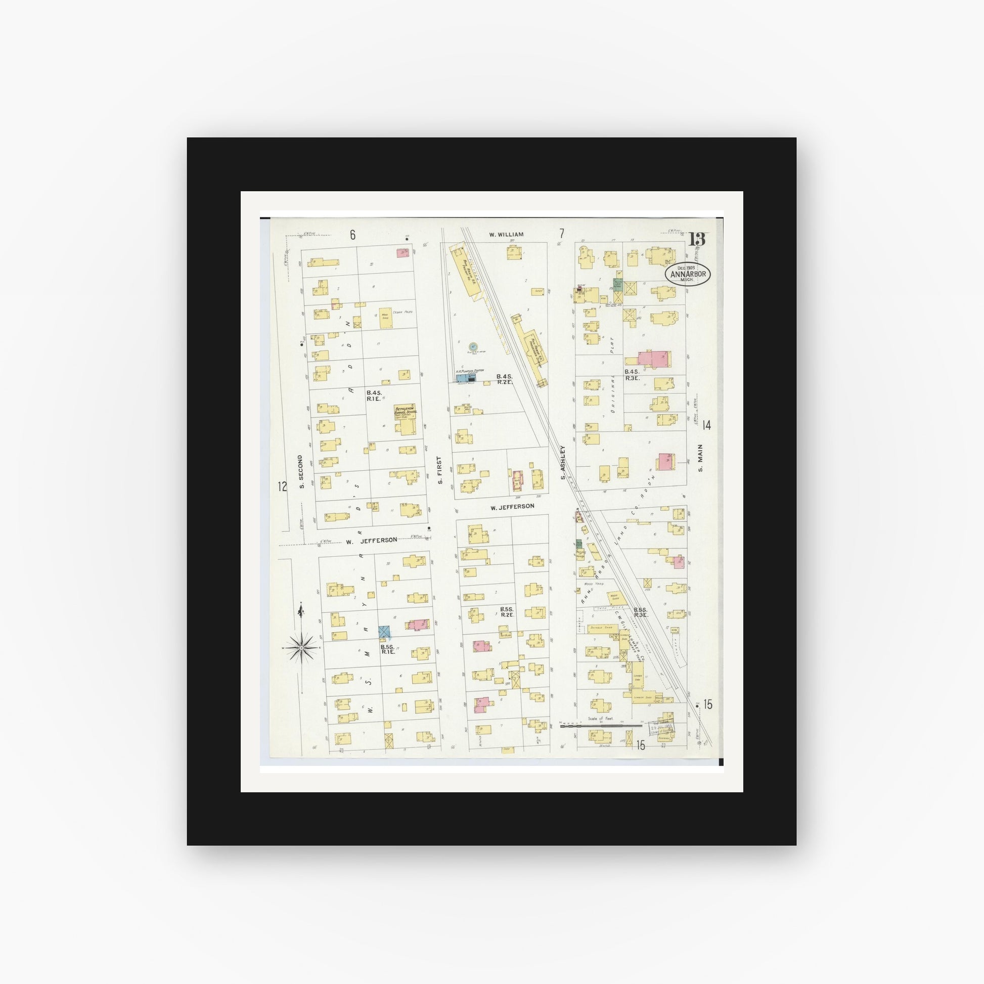 Old map wall art mockup — black gallery frame with white mat — Sanborn Fire Insurance Map from Ann Arbor, Washtenaw County, Michigan (1908), Sheet #0013