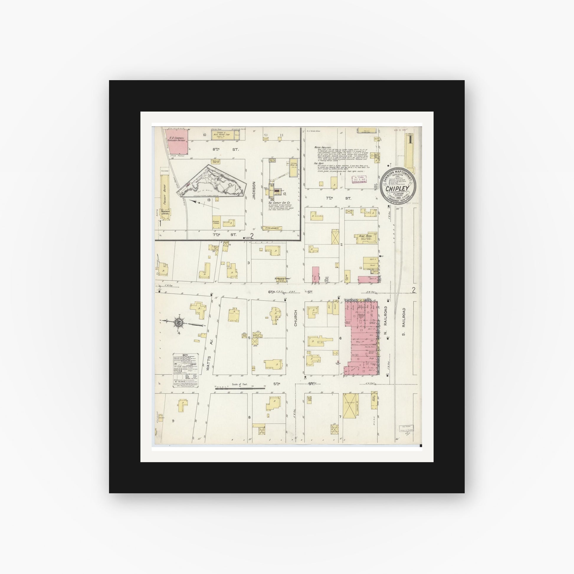 Old map wall art mockup — black gallery frame with white mat — Sanborn Fire Insurance Map from Chipley, Washington County, Florida (1913), Sheet #0001