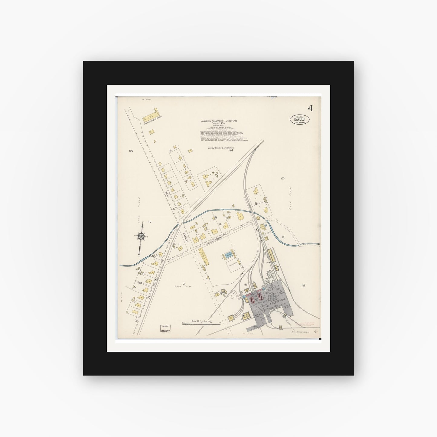Old map wall art mockup — black gallery frame with white mat — Sanborn Fire Insurance Map from Kahului, Maui County, Hawaii (1914), Sheet #0004